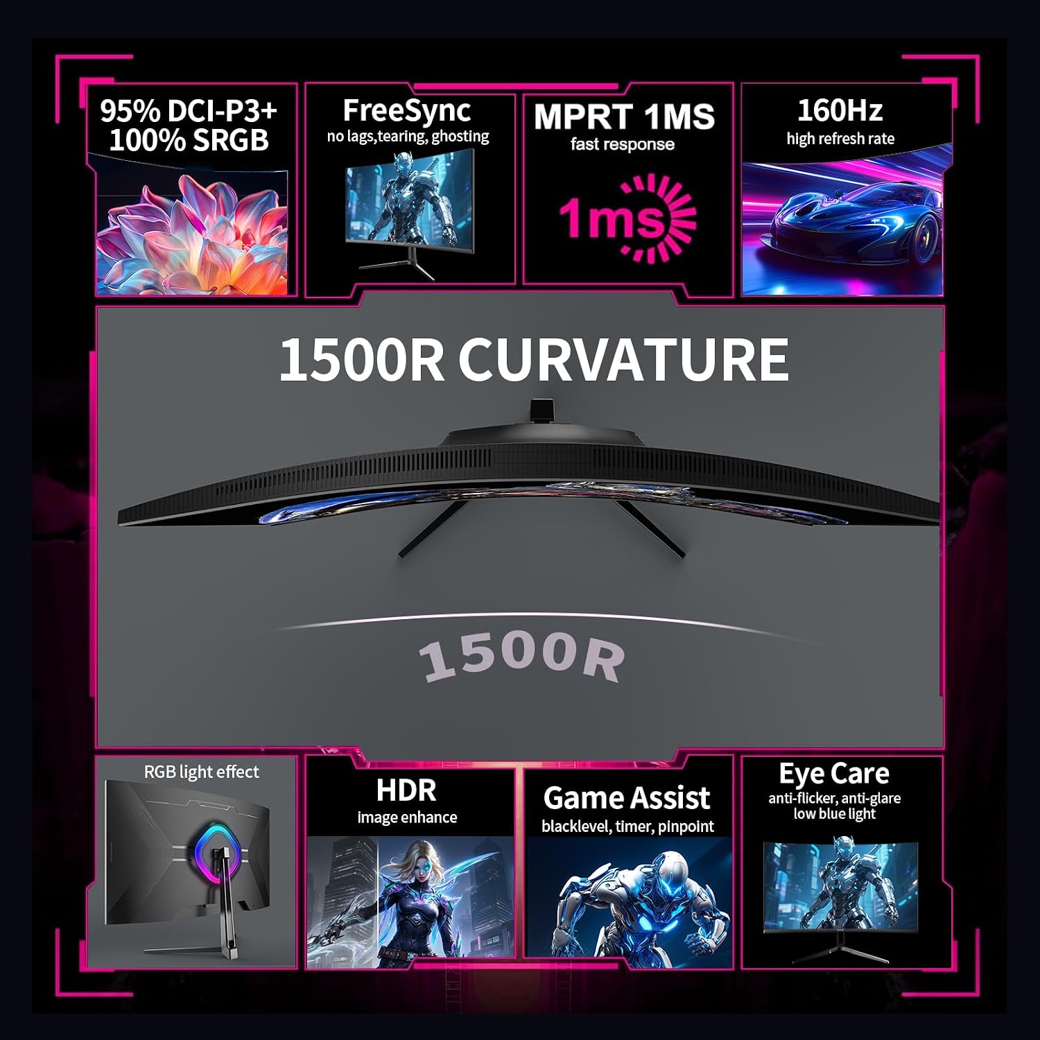 ZZA 32 Inch Curved Gaming Monitor 4K 160HZ Computer Monitor UHD 3840 * 2160P VA Screen, 1500R Curved, Supports AMD Freesync, 120% sRGB, Built-in Wall Mountable Installs(HDMI 2.1/DP 1.4)