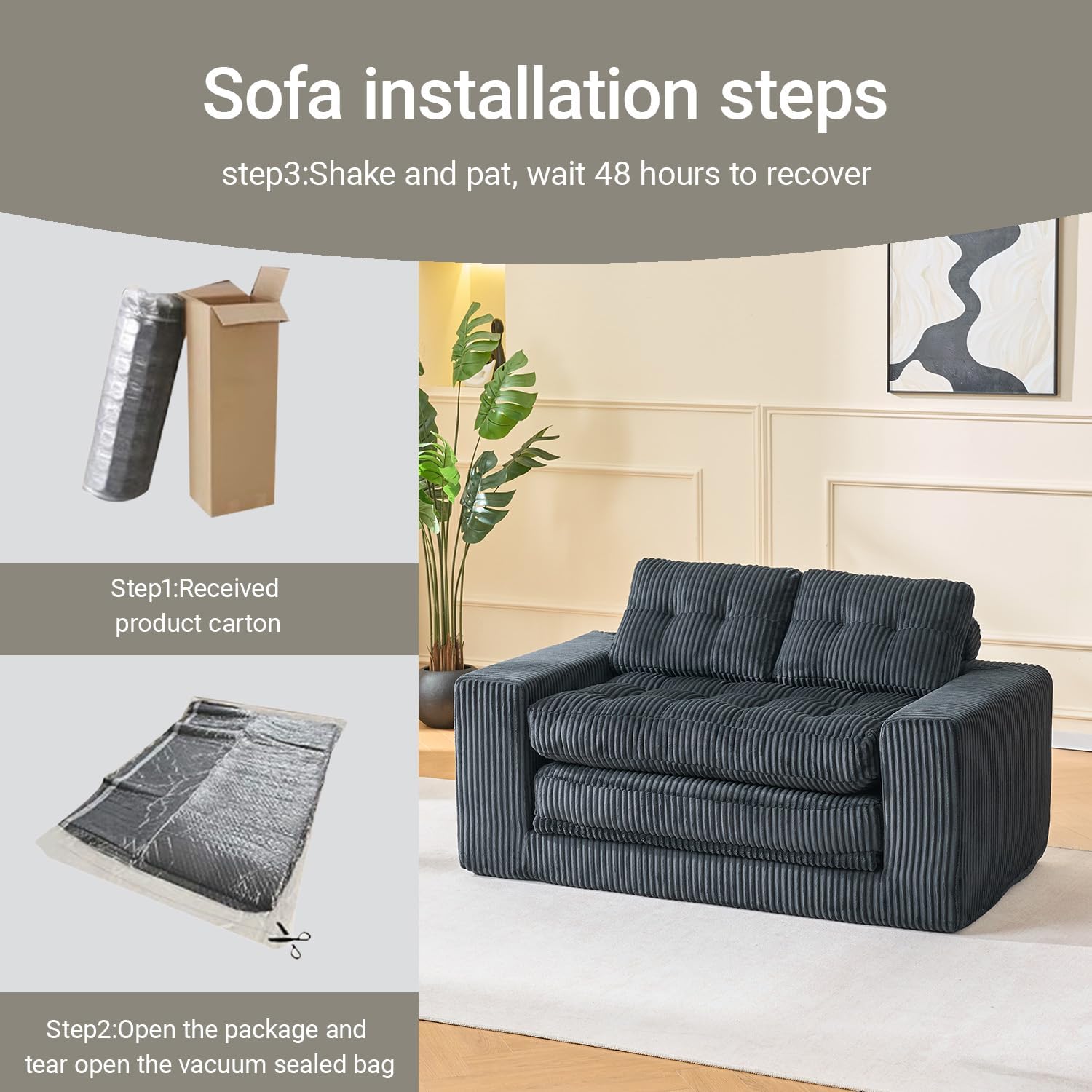 Fefances 55.1'Boneless Sofa Bed, 2-in-1 Convertible Loveseat & Folding Futon Couch, Small Space-Saving Design with Corduroy Fabric, for Living Room, Bedroom, Studio Apartment - Black