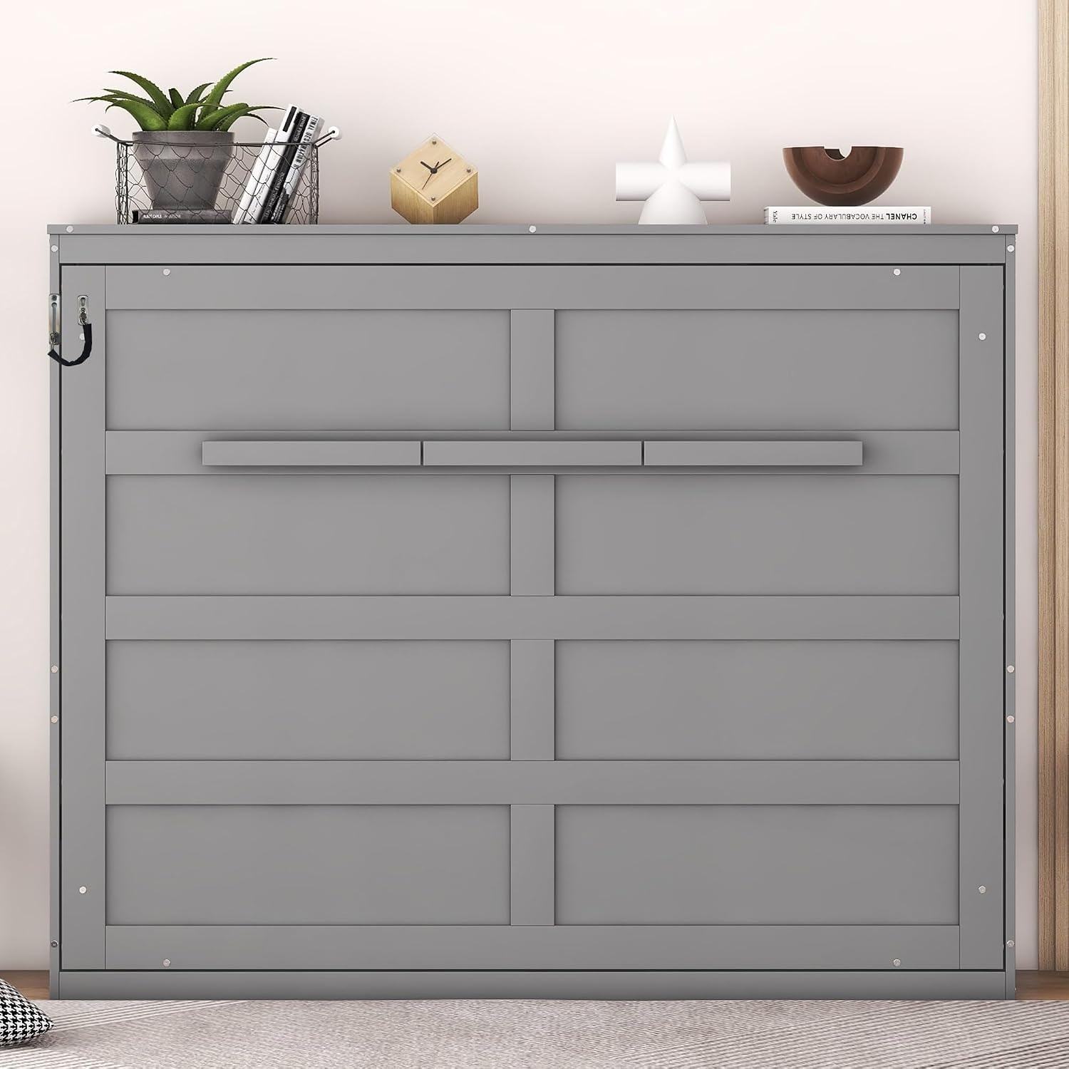 Merax Modern Farmhouse Solid Wood Murphy Bed Chest, Wall Bed with Wood Slat Support/No Box Spring Needed/Space Saving/Queen,Gray