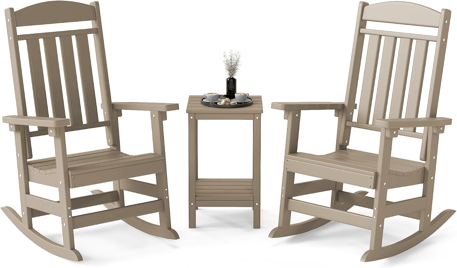 FOOWIN 3-Piece Outdoor Rocking Chairs Set, High Back Patio Rocker with Side Table, HDPE All Weather Resistant Oversized Rocking Chairs for Indoors, Porch, Patio, Backyard, Brown