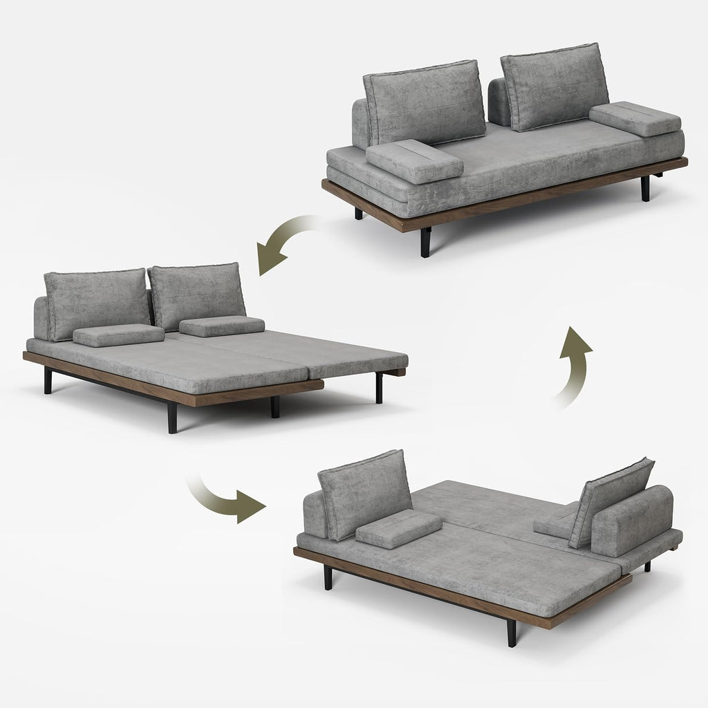 homary Modern Pull Out Sofa Bed Khaki Sleeper Sofa 78.7'' Mid Century Wood Convertible Sofa with Pull Out Bed Cotton & Linen (Gray)
