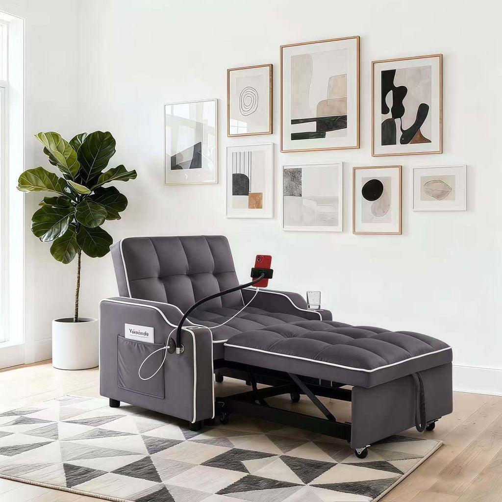 Convertible Armchair Sofa Bed with USB Port & Phone Holder, Pull-Out Single Chair Bed Sleeper for Small Spaces, Modern Upholstered Recliner Chair (Grey)