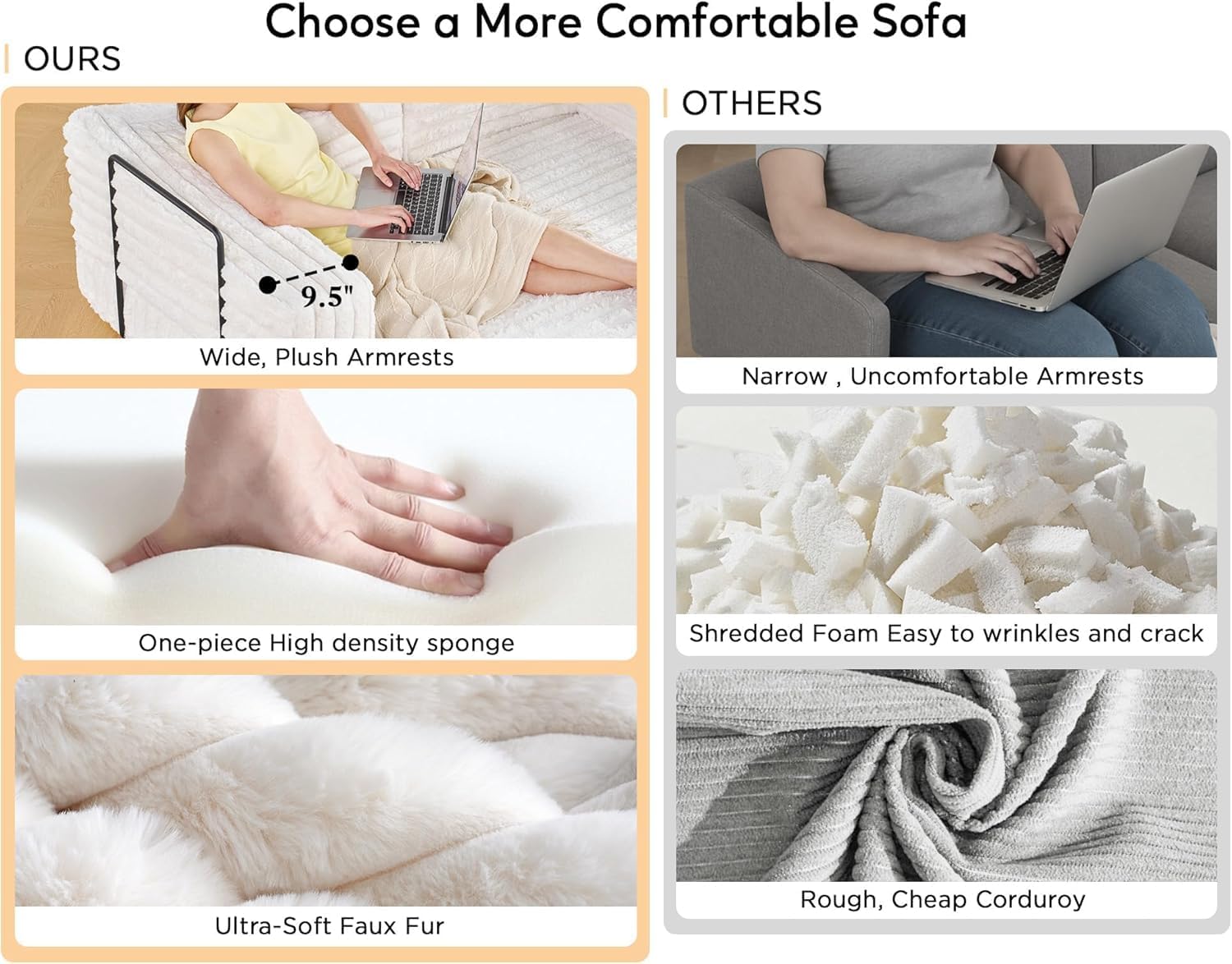 VanAcc Futon Sofa Bed, Convertible Futon Couch with Plush Faux Fur, No Assembly Mattress Futon Sofa for Living Room, Apartment, Bedroom, White