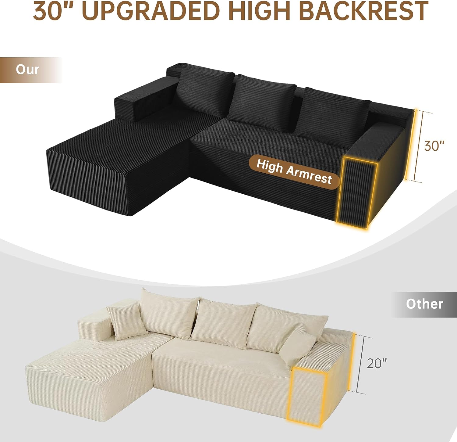Nigoone 103' Sectional Couch for Living Room, Modular L Shaped Black Couches with Chaise, Large Minimalist Modern Deep Seats Boneless Sofa, Corduroy, No Assembly