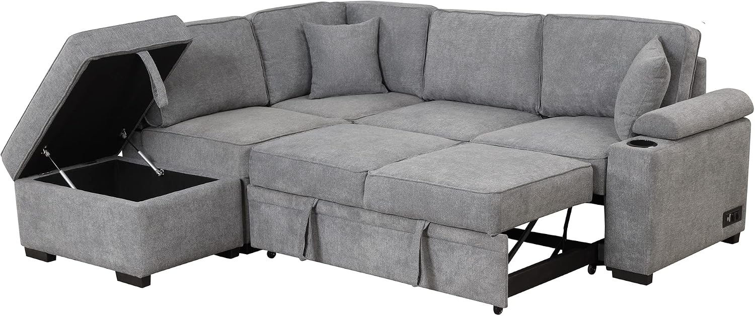 LUMISOL 87' Convertible Sleeper Sofa with Storage Ottoman, Pull Out Sofa Bed with Cup Holders & Charging Stations, L-Shaped Sectional Couch with Chaise for Living Room, Gray