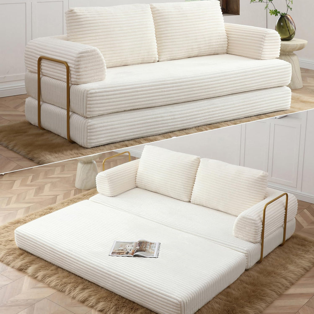 HANXIN 80 Inch Convertible Sleeper Sofa Bed, High Back Plush Corduroy Folding Floor Mattress Couch with Fixed-Shape Frame, Boneless Futon Loveseat with Pull Out Bed, No Assembly Required (Beige)