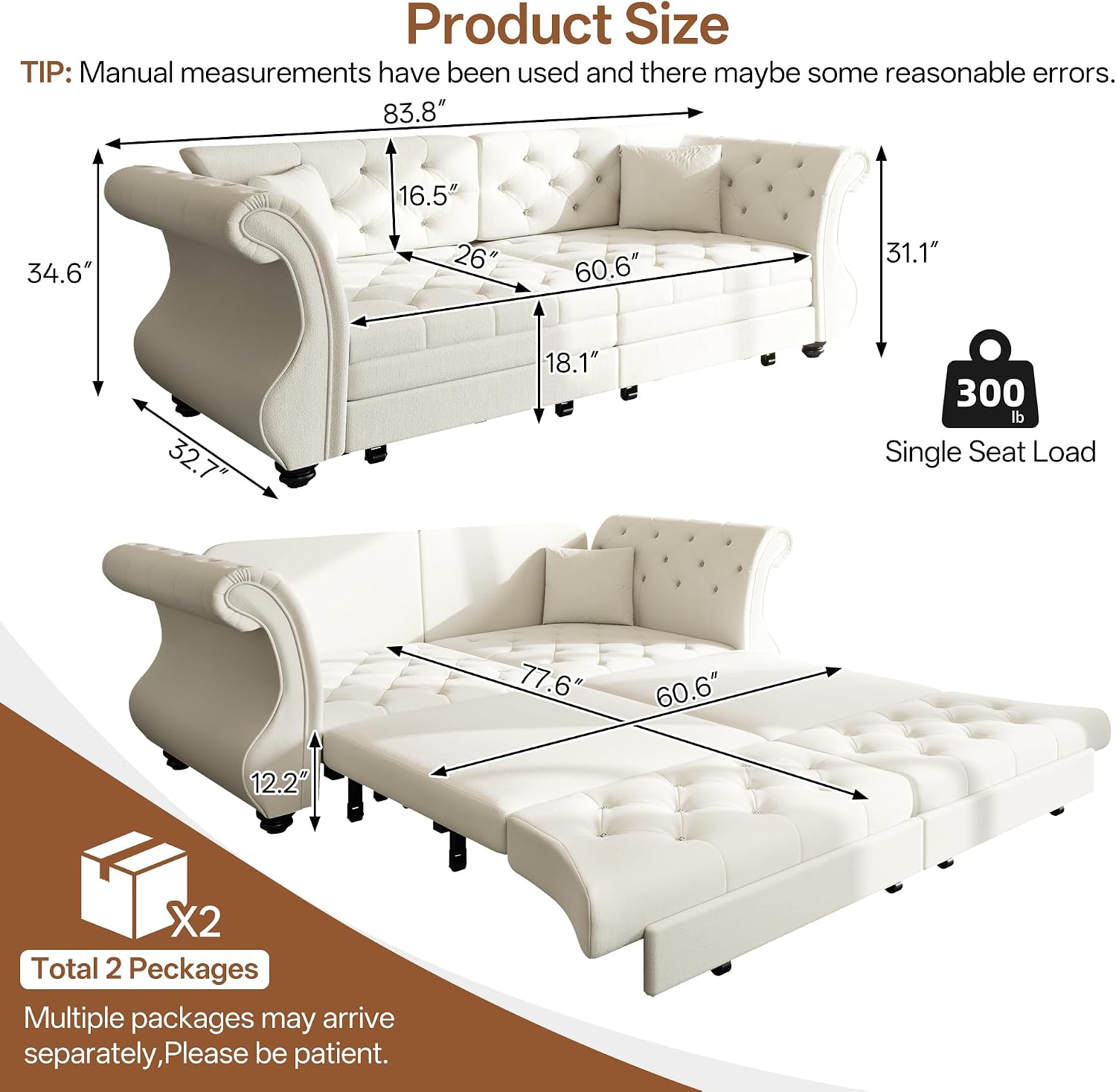 83.8' Oversized Pull Out Sofa Bed, Chesterfield Velvet Sleeper Sofa Couch with Roll Arm & Flower Tufting, Heavy Duty Metal Frame Convertible Sofa for Living Room, Apartment, Guest Room, Beige | Pull Out, Roll Arm, Flower Tufting, Convertible