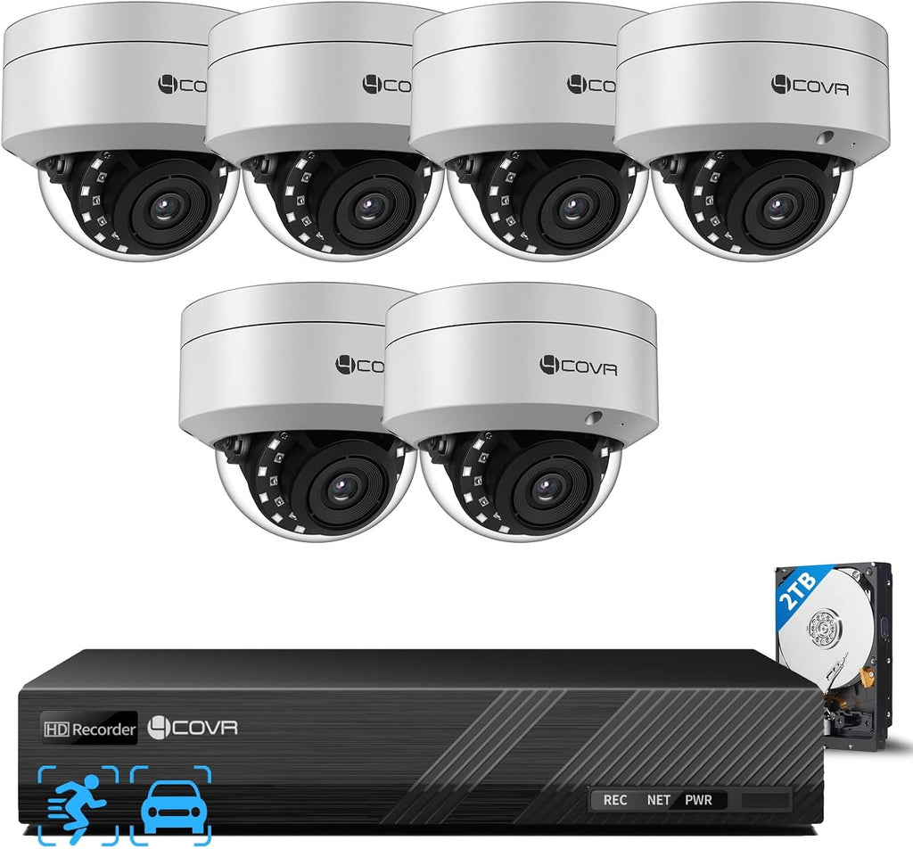 4COVR 4K Security Camera System, 6X 8MP IK10 Vandal-Proof Dome PoE IP Cameras, AI Human/Vehicle Detection, 8CH NVR & 2TB HDD, IP67 Weatherproof, 24/7 Outdoor Commercial Surveillance, LY54AX8M0806-1