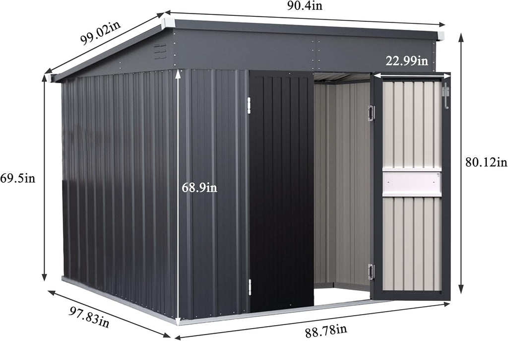 BlueWish 7'x8' Metal Storage Shed, Outdoor Storage Shed with Sloped Galvanized Roof, Patio Utility Tool Shed Storage House with 2 Vents for Backyard and Garden, Gray