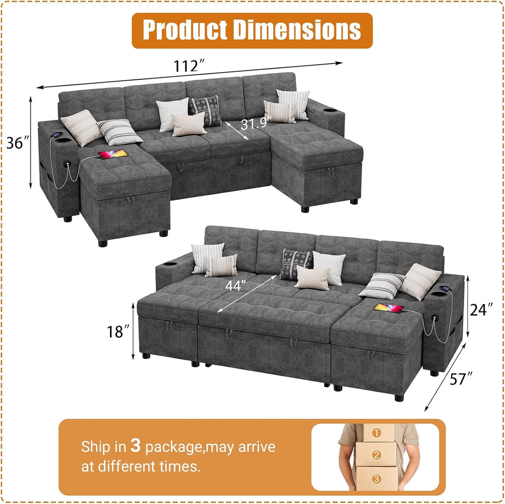 IDEALHOUSE U-Shaped Couches for Living Room, Sofa Bed for Living Room with Reversible Storage Chaises and Hidden Storage Armrests, Cup Holders and USB Charging Ports Included, Dark Grey