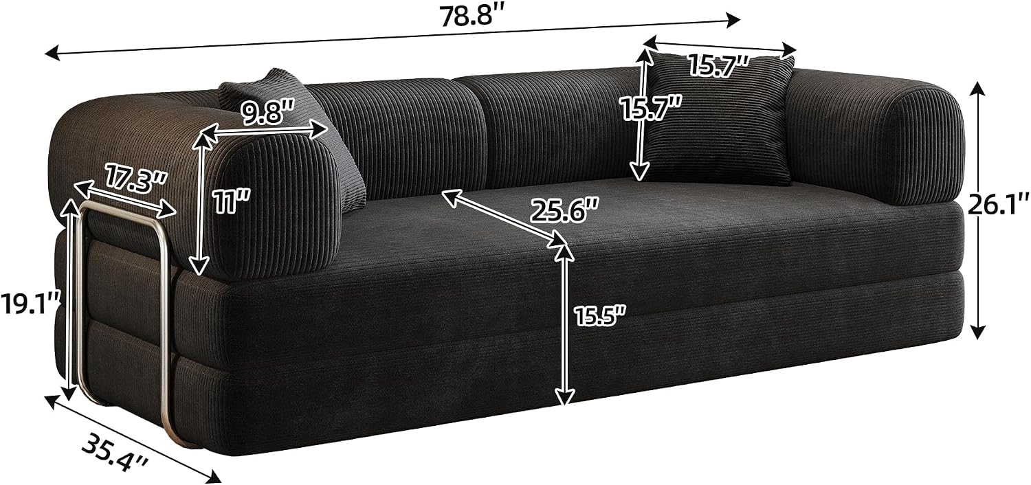 79' Convertible Sofa Bed, Corduroy Folding Pull Out Couch with Pillows, No Assembly Modern Boneless Couch Compression Sofa in Box, Floor Sofa with Support Rods for Living Room,Black