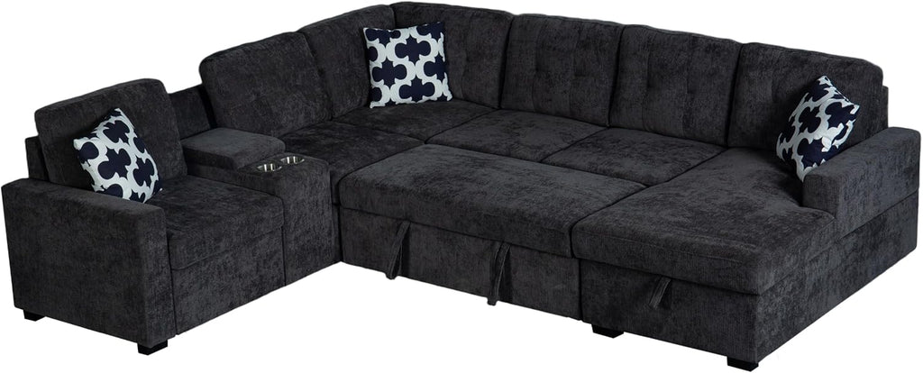 Ball & Cast L-Shape Convertible Sectional Sleeper Sofa Bed 2 in 1 Pull Out Couch with Storage Chaise & Cup Holders,6 Seat Chenille Upholstered Reversible Sleeper Corner Couch for Living Room,Dark Gray