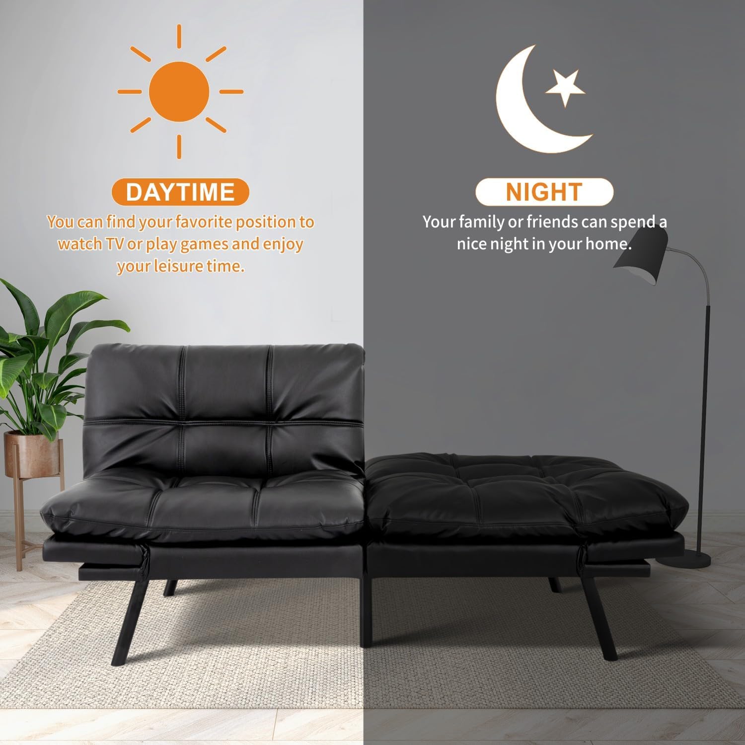 MUUEGM 71-Inch Convertible Futon Sofa Bed with Adjustable Backrest & Removable Armrests, Foldable Sleeper Loveseat for Small Space Living Room, Studio Apartment, Home Office，Matte Black
