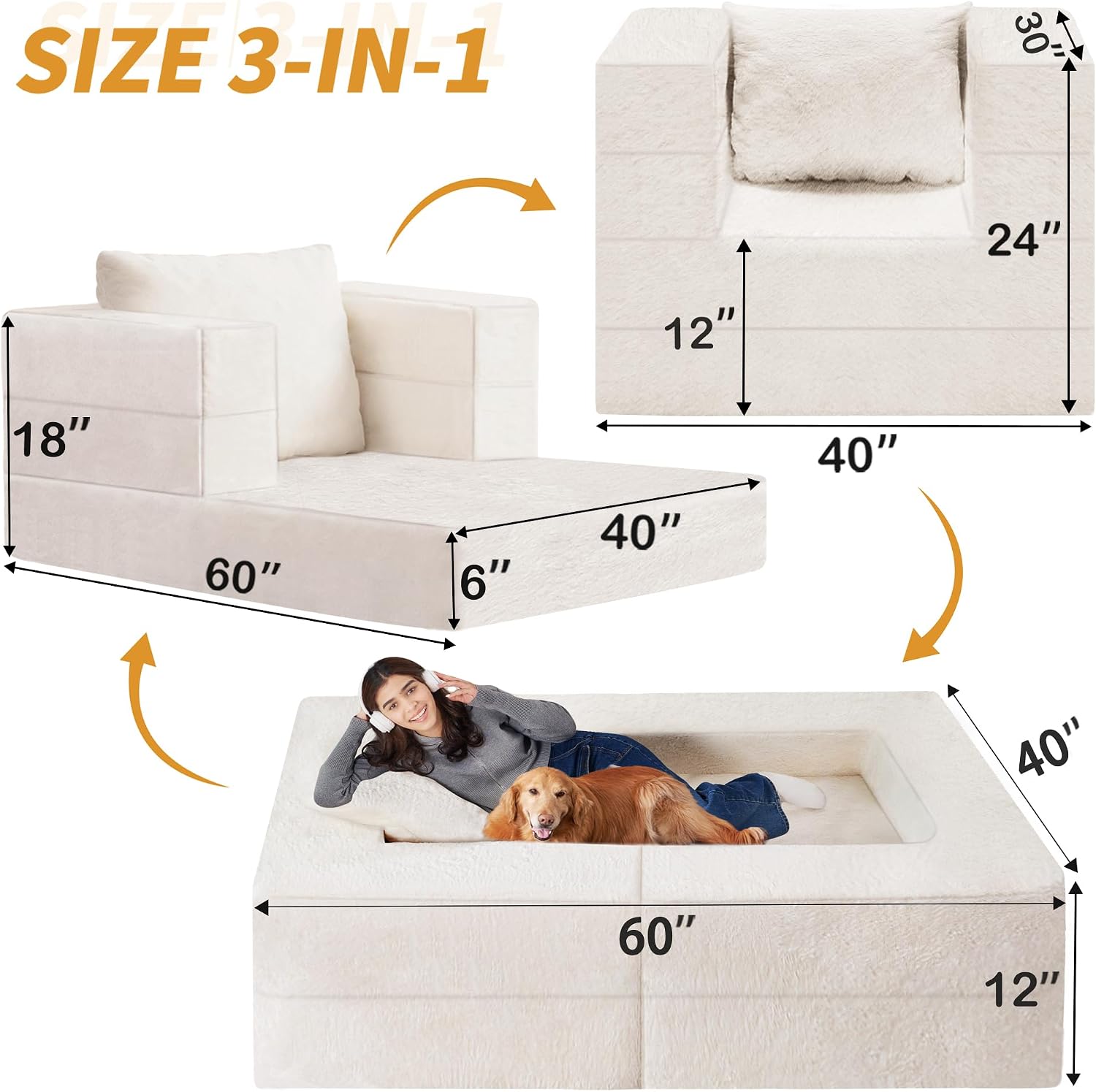 Futon Sofa Bed with Pillow, 3-in-1 Sleeper Sofa Bed with Removable Cover, Convertible Floor Sofa Bed, No Assembly Boneless Couch for Living Room, Bedroom