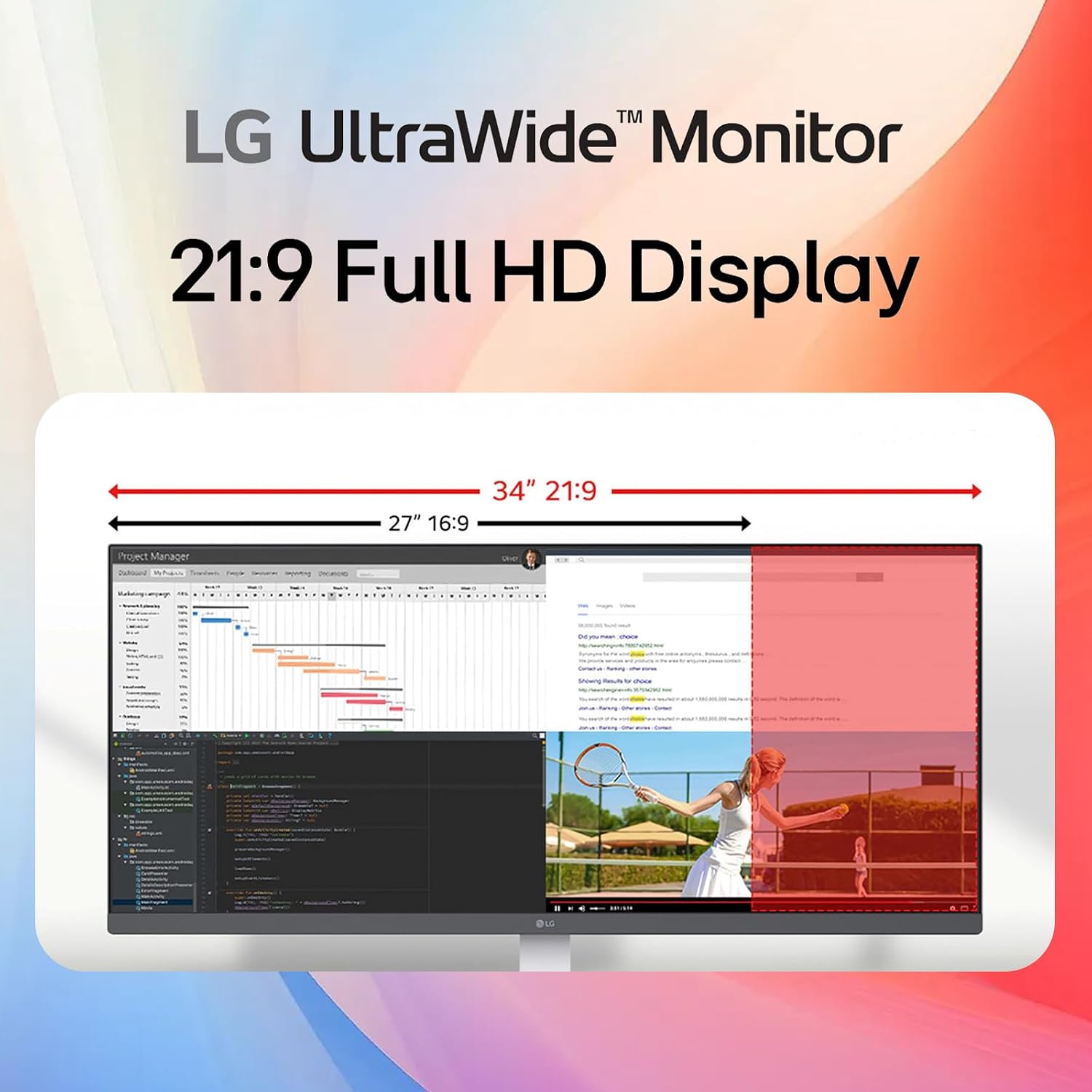 LG 34 Inch UltraWide Monitor, 21:9 WFHD (2560 x 1080) IPS Display, 100Hz, VESA DisplayHDR 400, FreeSync, Flicker Safe, USB Type-C, HDMI, DisplayPort, Speakers, VESA Mount, Home Office Computer,Black