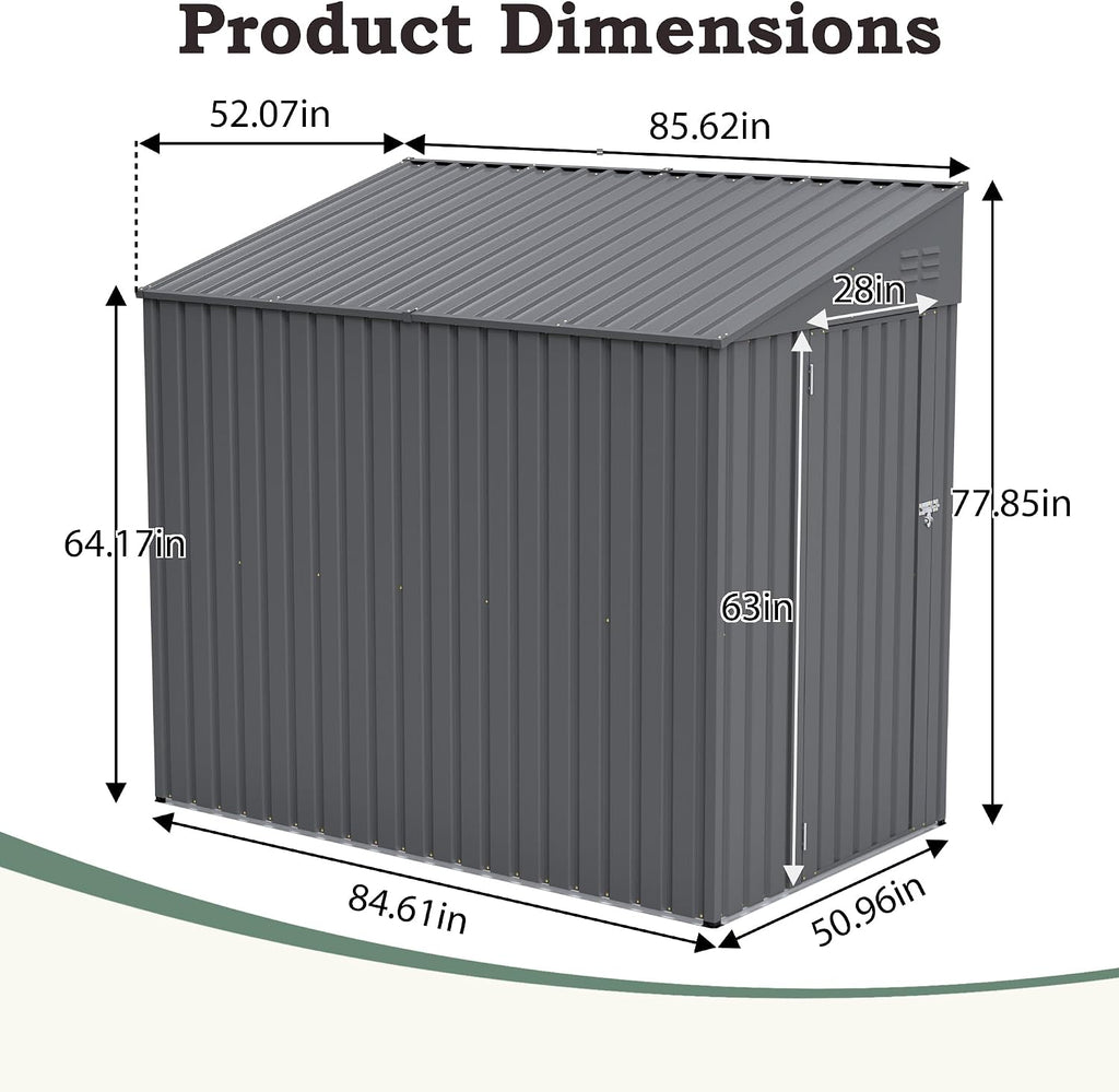 4x7 FT Lean-to Metal Storage Shed with Single Lockable Side Door, Sloping Roof Galvanized Steel Outdoor Tool Shed for Garden, Patio & Backyard Storage
