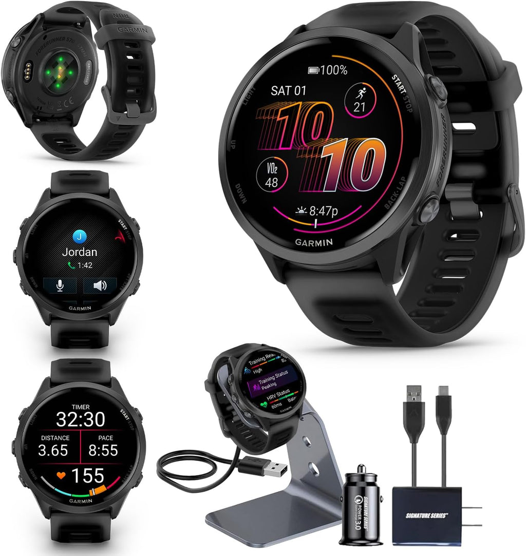 Garmin Forerunner 570 47mm GPS Running Smartwatch, Black | Advanced Training & Recovery, Sleep Coach, Heart Rate, Download Music, Up to 11 Day Battery | Signature Series Charging Stand Bundle