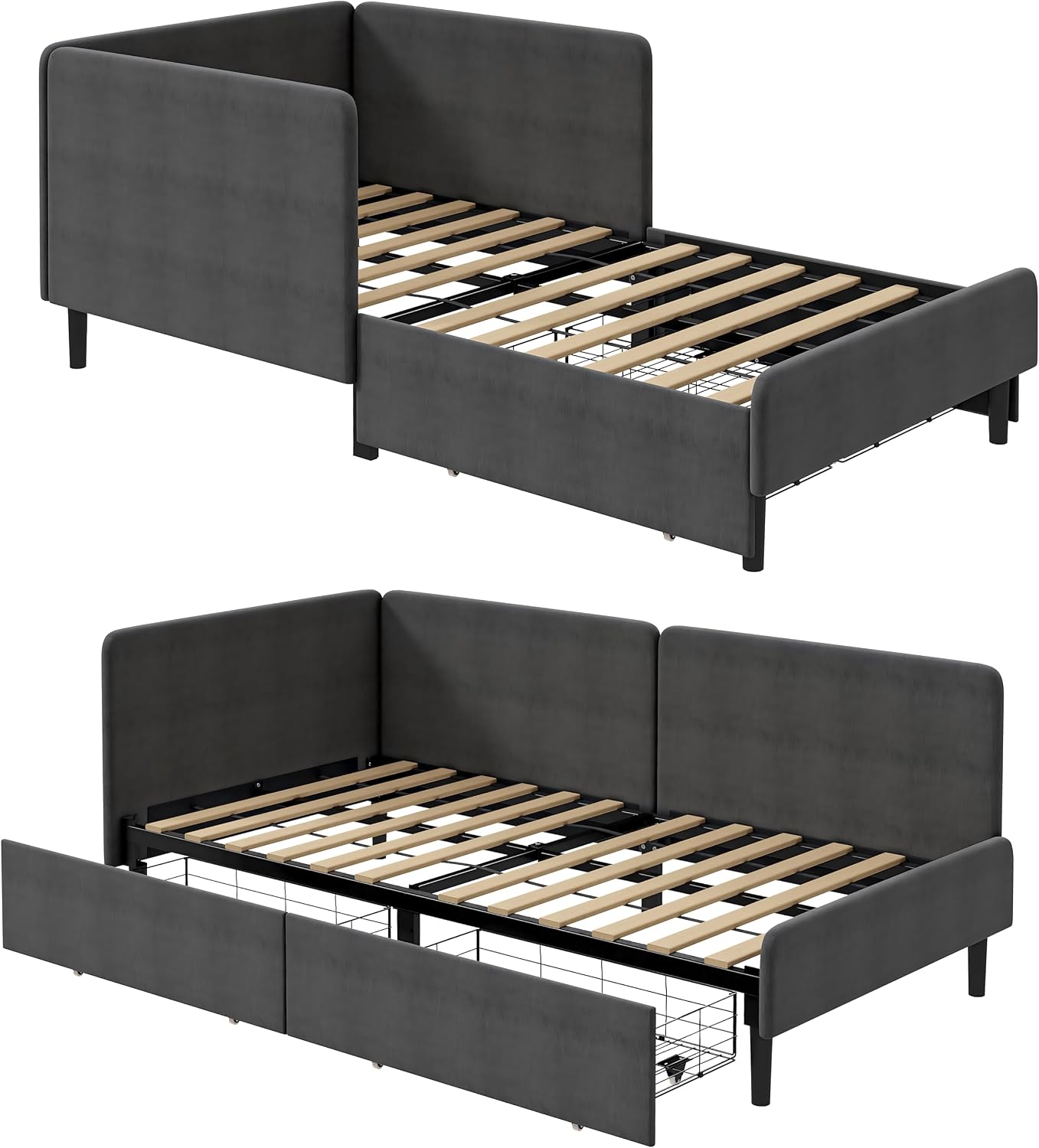 LIKIMIO Twin Daybed with Headboard, Corner Bed Frame with Storage Drawers and Bed Rails, Solid Wood Support for Small Spaces, Guest Room, Dark Gray