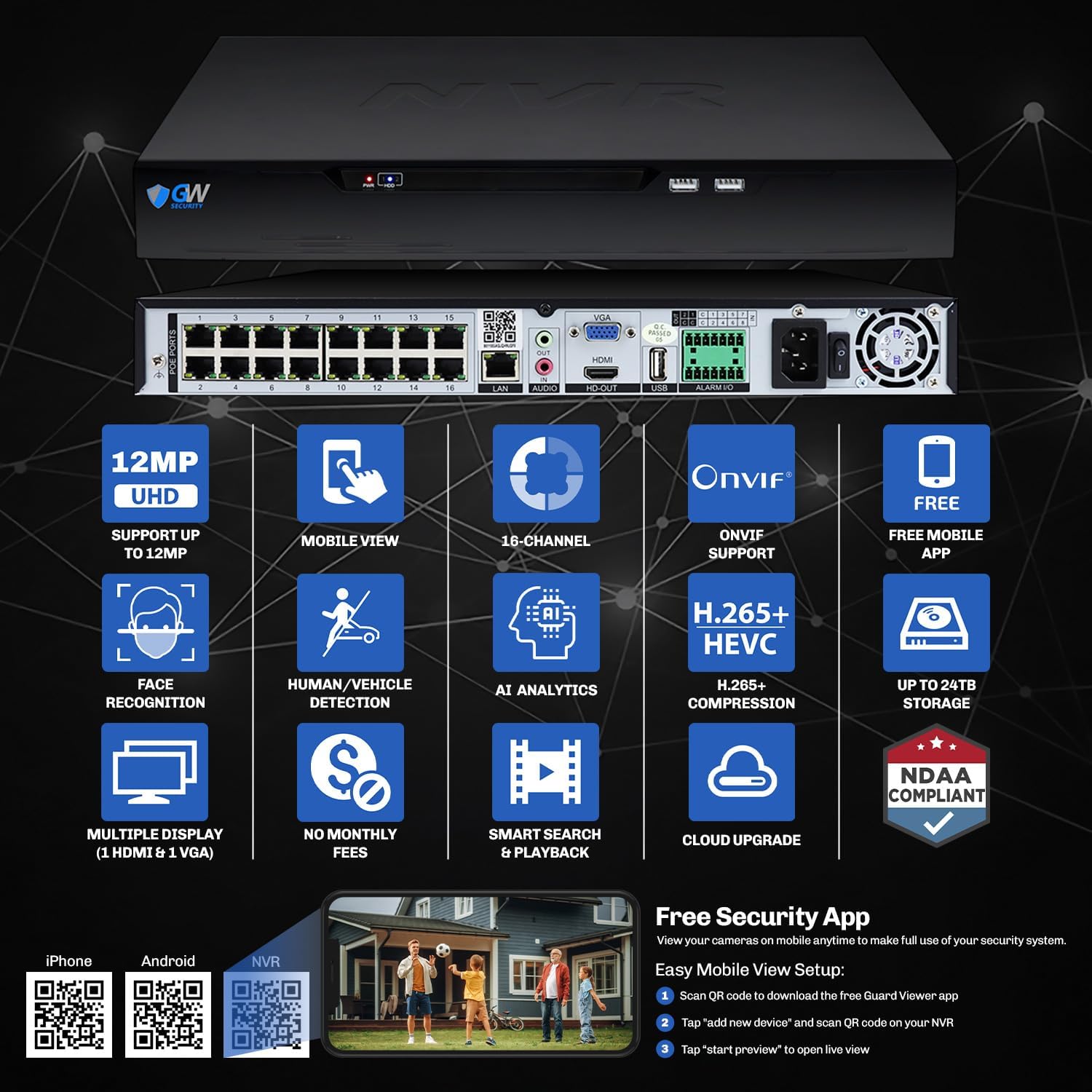 GW Security 16 Channel NVR UltraHD 4K Face Recognition NDAA & TAA Compliant Security Camera System with 16 x 8MP @25FPS Outdoor & Indoor PoE Turret Cameras, 10 Smart AI Functions
