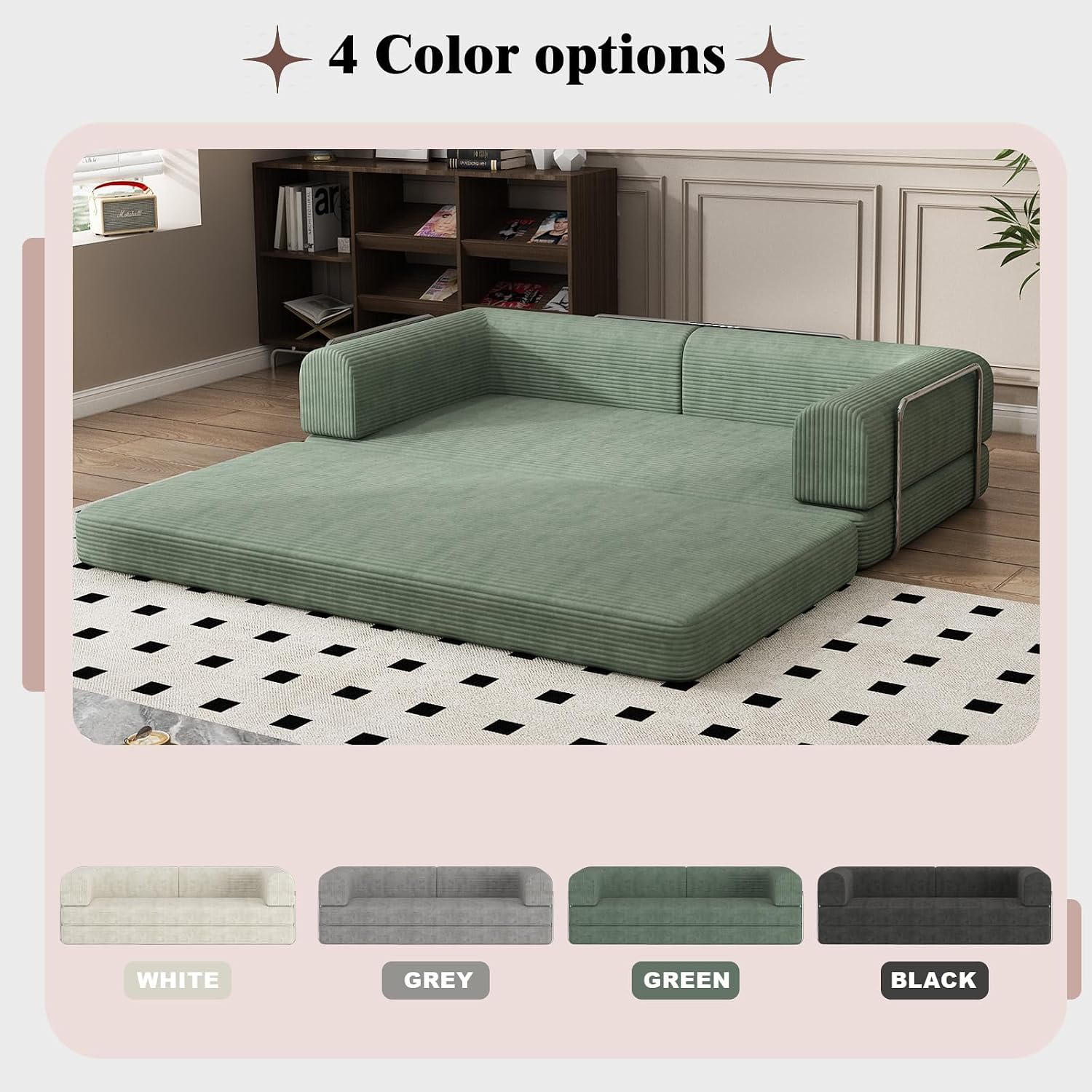 Convertible Corduroy Sleeper Sofa Bed,Folding Mattress Couch with Fixed-Shape Frame, 3 Seater Fold Out King Size Futon,No Assembly Floor Couch for Living Room Dorm Studio 78.7*39.4*29.6 Inch Green