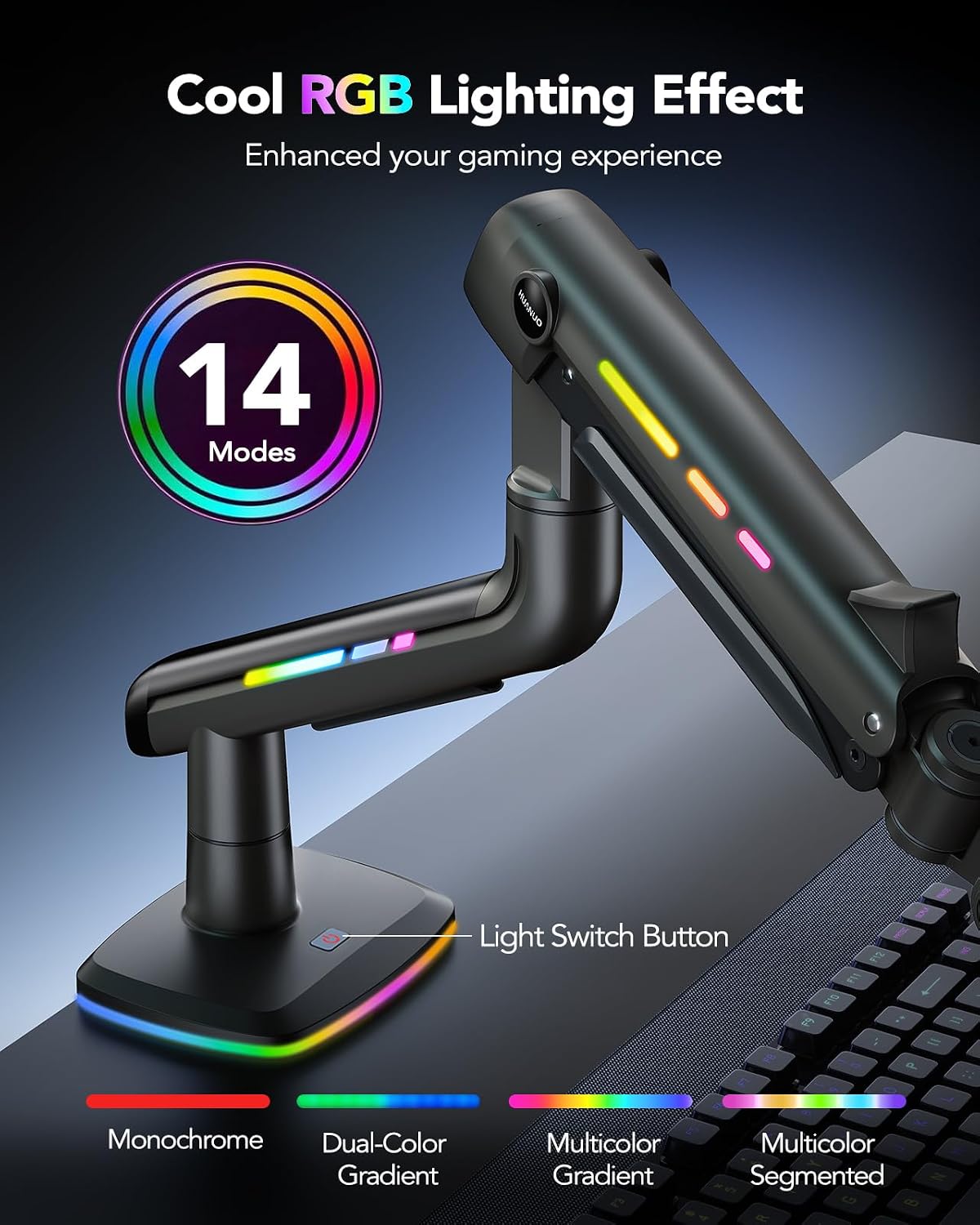 HUANUO TitanLift Monitor Arm for Ultrawide Screens up to 49″, Heavy-Duty Single Mount Holds 44 lbs, Fully Adjustable Gaming Monitor Arm with C-Clamp & Grommet Base, Max VESA 100 x 100mm, RGB