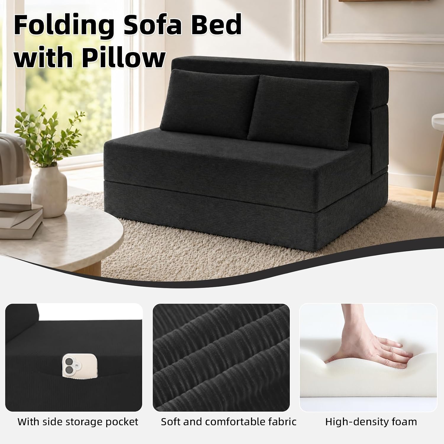 Folding Sofa Bed,Convertible Sleeper Chair with Pillow, Loveseat Fold Out Chair Bed, Memory Foam Floor Couch Mattress, Foldable Futon Couch Lounge for Living Room (Black-Corduroy, Twin)