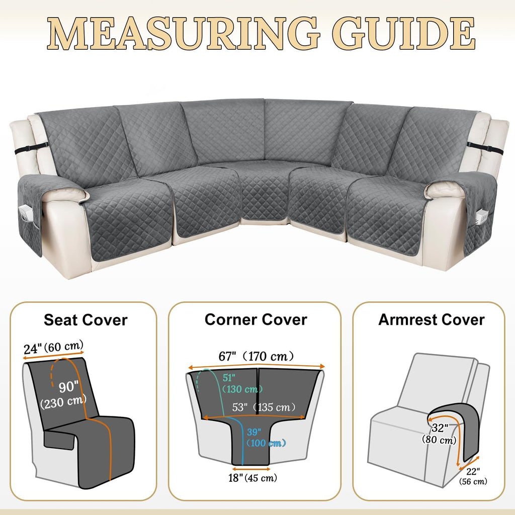 HDCAXKJ 100% Waterproof Velvet Recliner Sectional Couch Covers L Shaped Corner Reclining Sofa Cover Washable Thick Non Slip Sectional Slipcover with Pockets (5 Seat Recliner Couch, Grey)