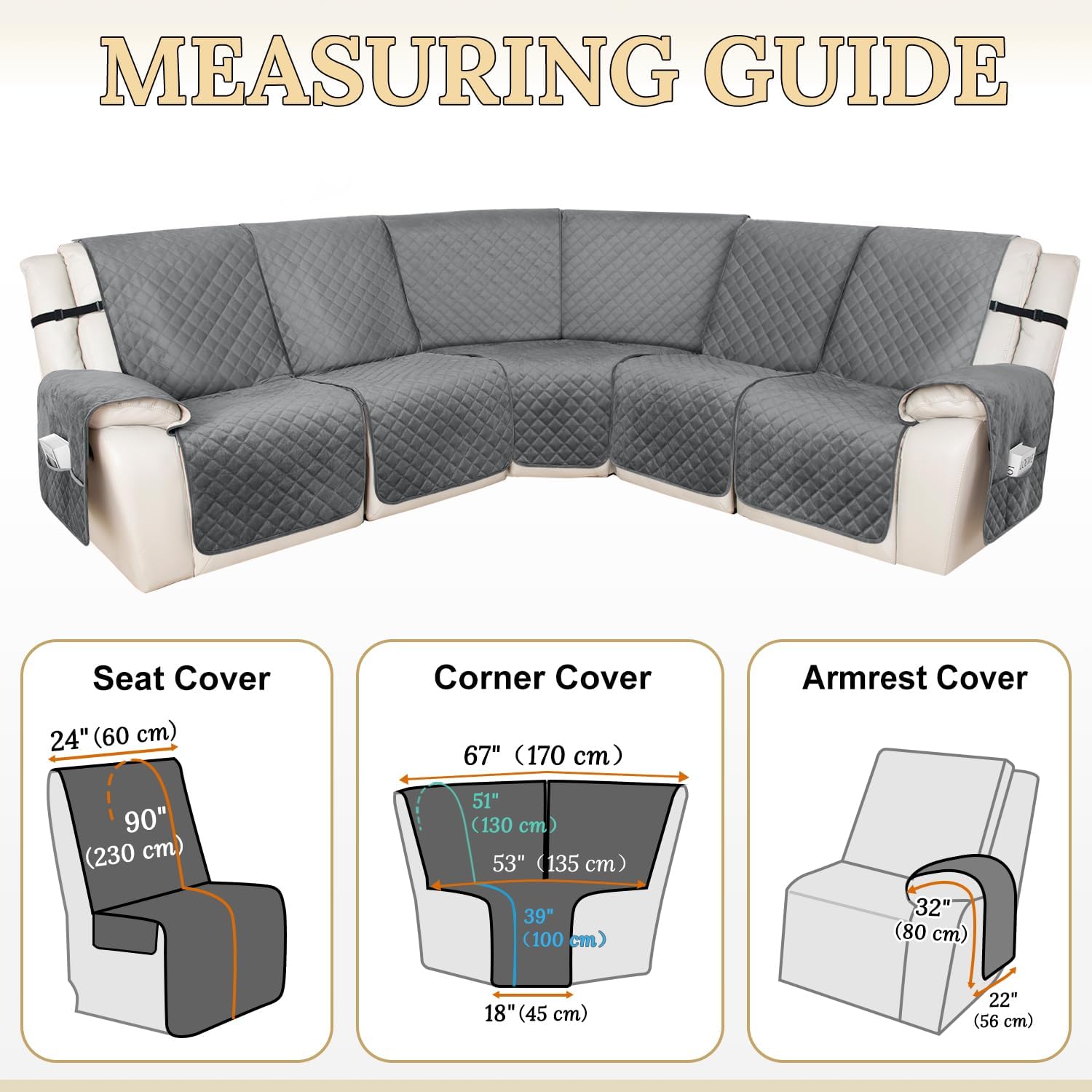 HDCAXKJ 100% Waterproof Velvet Recliner Sectional Couch Covers L Shaped Corner Reclining Sofa Cover Washable Thick Non Slip Sectional Slipcover with Pockets (5 Seat Recliner Couch, Grey)