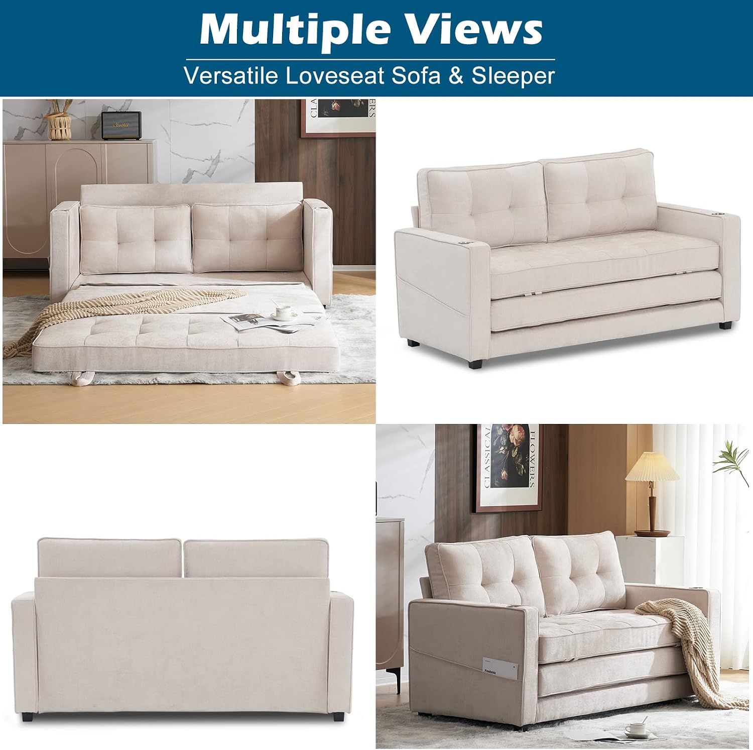 VINGLI Upgraded 64' W 84' L Full Size Futon Sofa Bed, 6' Thick Upholstery Chenille Loveseat Sofa Sleeper Pull Out Couch,Convertible Floor Couch for Living Room, Bedroom, Entertainment Room, Beige