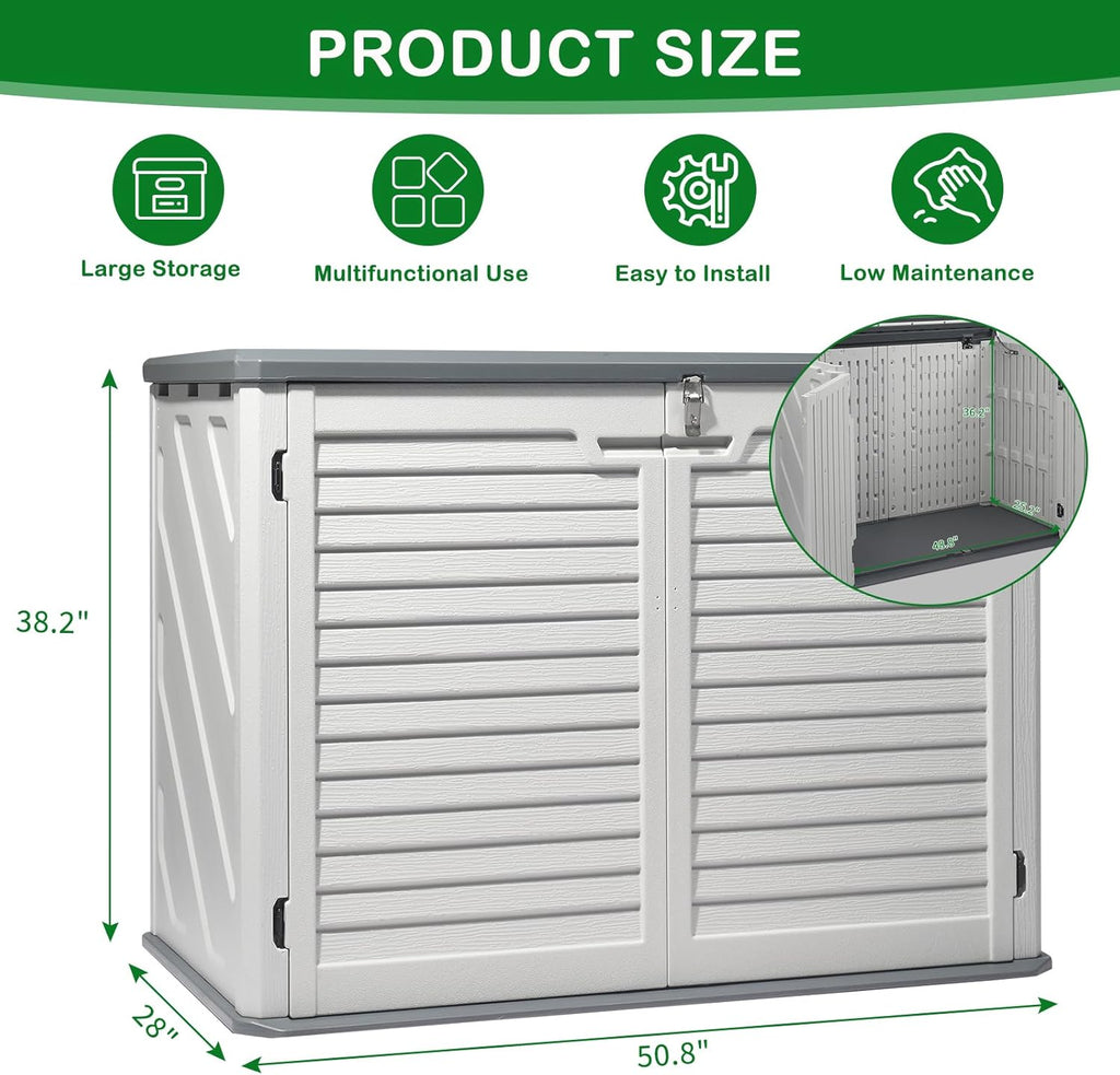 Outvita Outdoor Horizontal Storage Sheds, 34 Cu Ft Weather Resistant HDPE Tool Shed, Multi-Opening Door Waterproof & Lockable for Storage of Bike, Trash Cans, Garden Tools, Lawn Mowers