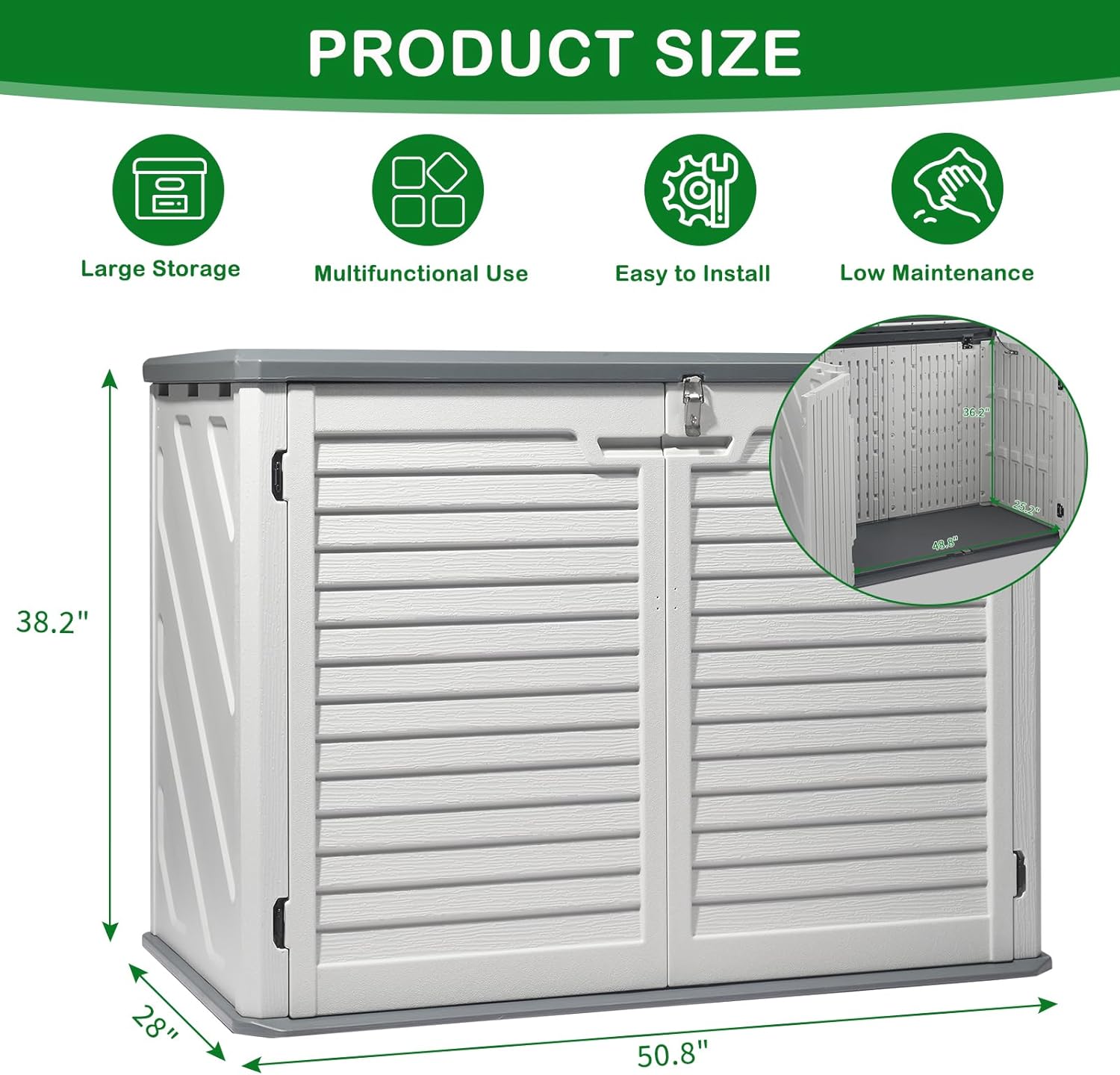 Outvita Outdoor Horizontal Storage Sheds, 34 Cu Ft Weather Resistant HDPE Tool Shed, Multi-Opening Door Waterproof & Lockable for Storage of Bike, Trash Cans, Garden Tools, Lawn Mowers