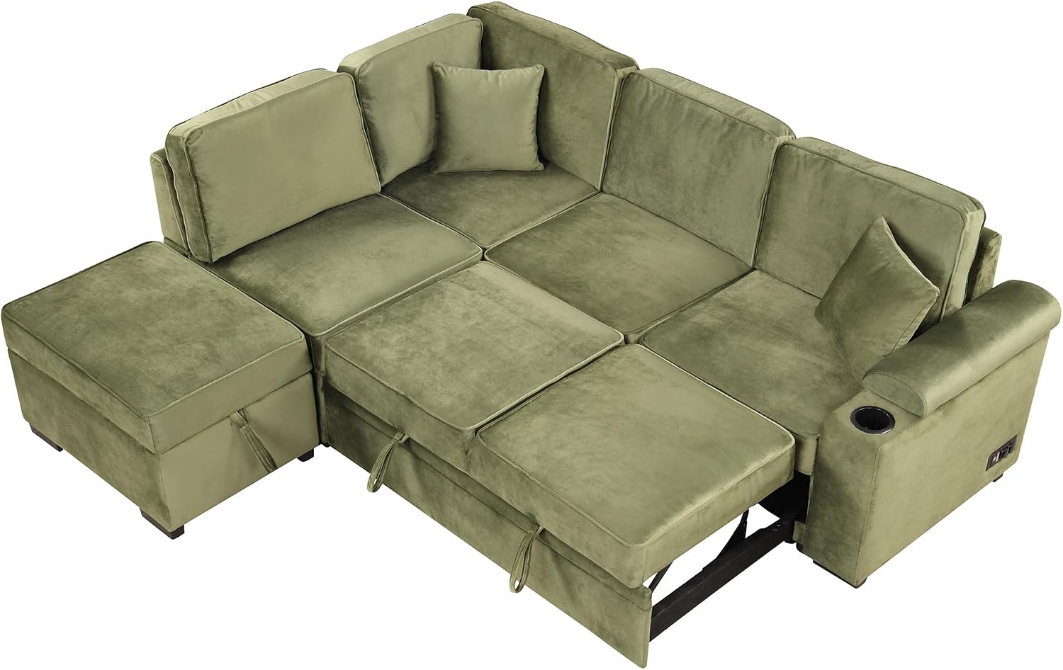 LUMISOL 87' Convertible Sleeper Sofa with Storage Ottoman, L-Shaped Sofa Bed with Cup Holder & USB Charging Stations, Pull Out Sofa Couch with Chaise for Living Room, Green