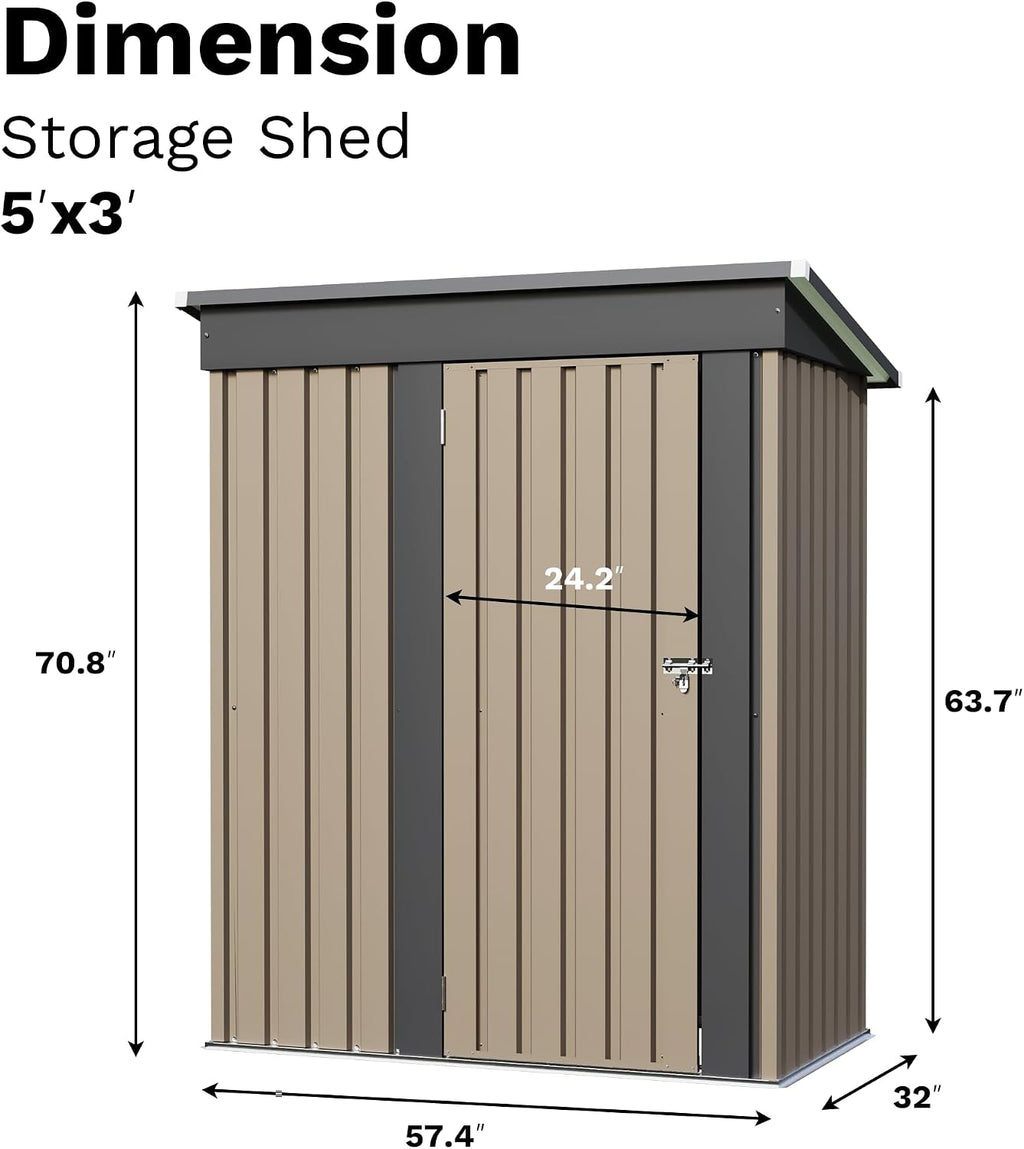 JUMMICO Metal Outdoor Storage Shed 5 x 3 FT Metal Shed with Lockable Door,Waterproof Garden Tool Shed Storage House for Backyard Patio Lawn, Brown