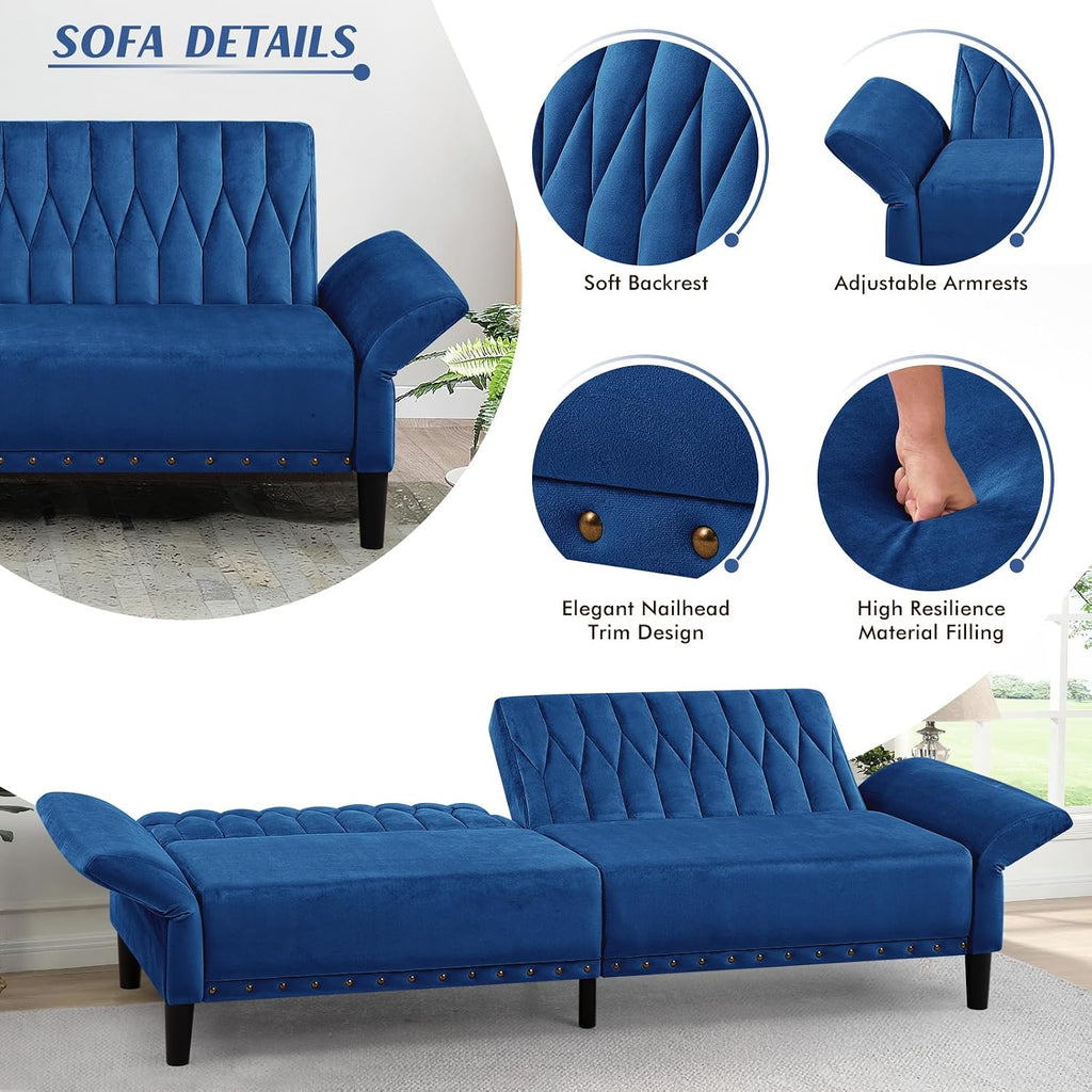 77' Velvet Sofa Bed with Adjustable Armrests and Backrests,Tufted Convertible Futon Couch with Nailhead Trim, Loveseat Modern Velvet Sleeper Sofa for Living Room,Bedroom,Office,Blue
