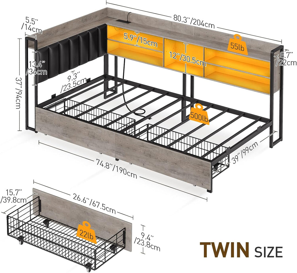 RALGEND Corner Bed Frame with Bookcase Storage and PU Upholstered, Twin Daybed with 2 Drawers and Charging Station, Metal Platform Bed Fram for Living Room, Bedroom, Guest Room, Gray and Black