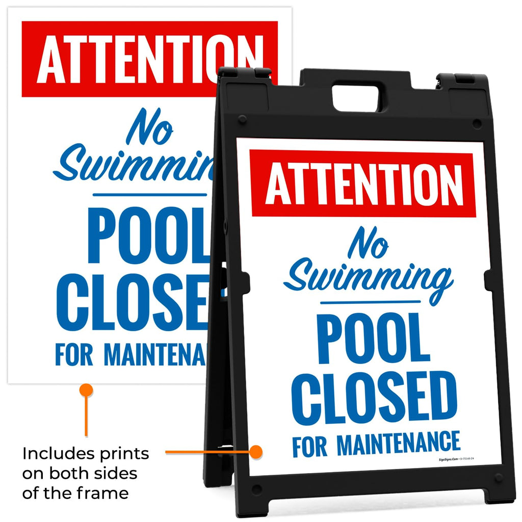 Attention Pool Closed for Maintenance No Swimming Folding Floor Sign, 18x24 Inches, with A Frame Stand, Made in USA by Sigo Signs
