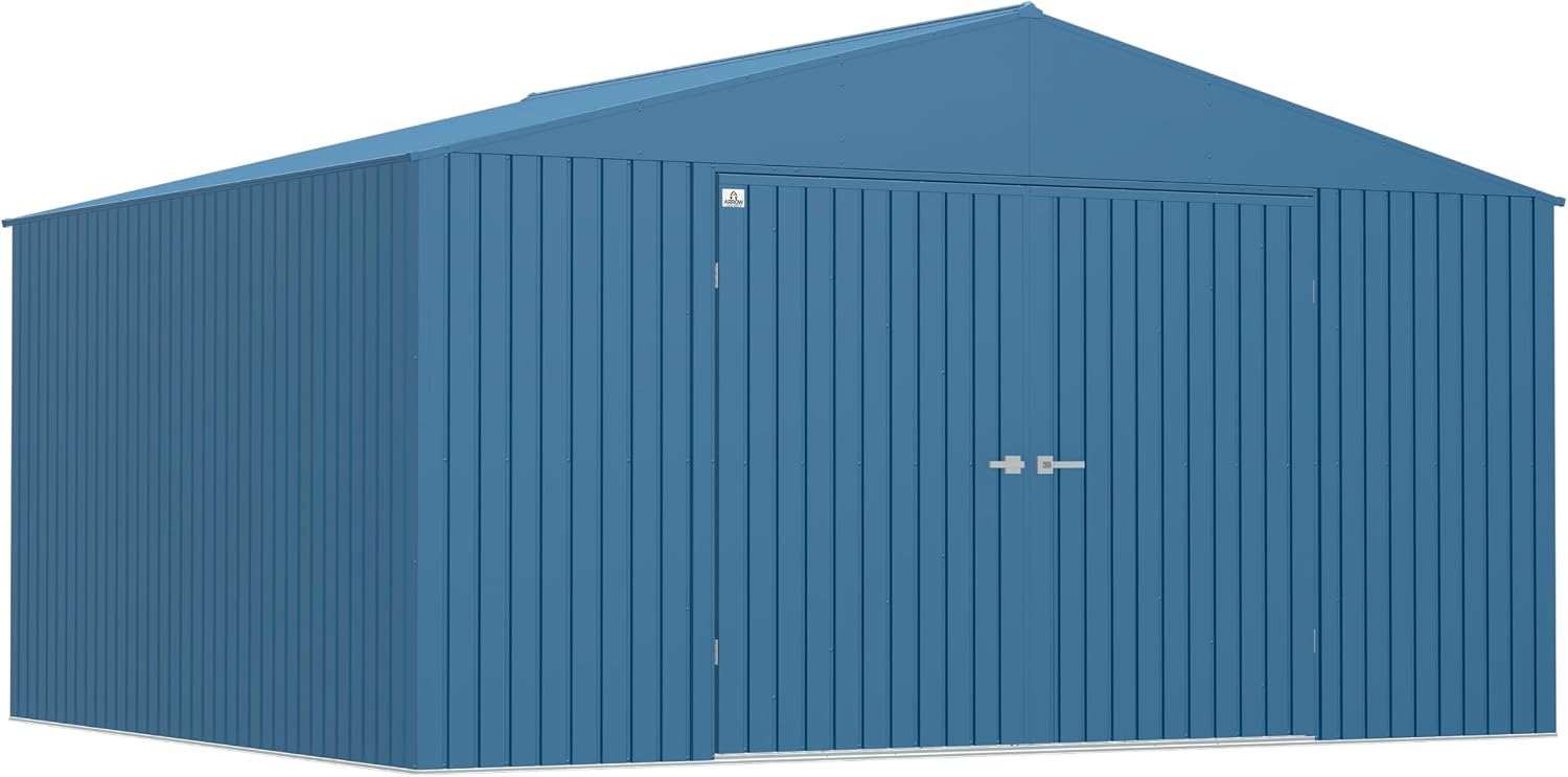 Arrow Shed Elite 14' x 12' Tall Outdoor Steel Storage Shed with High Gable and Lockable Doors Storage Building, Blue Grey