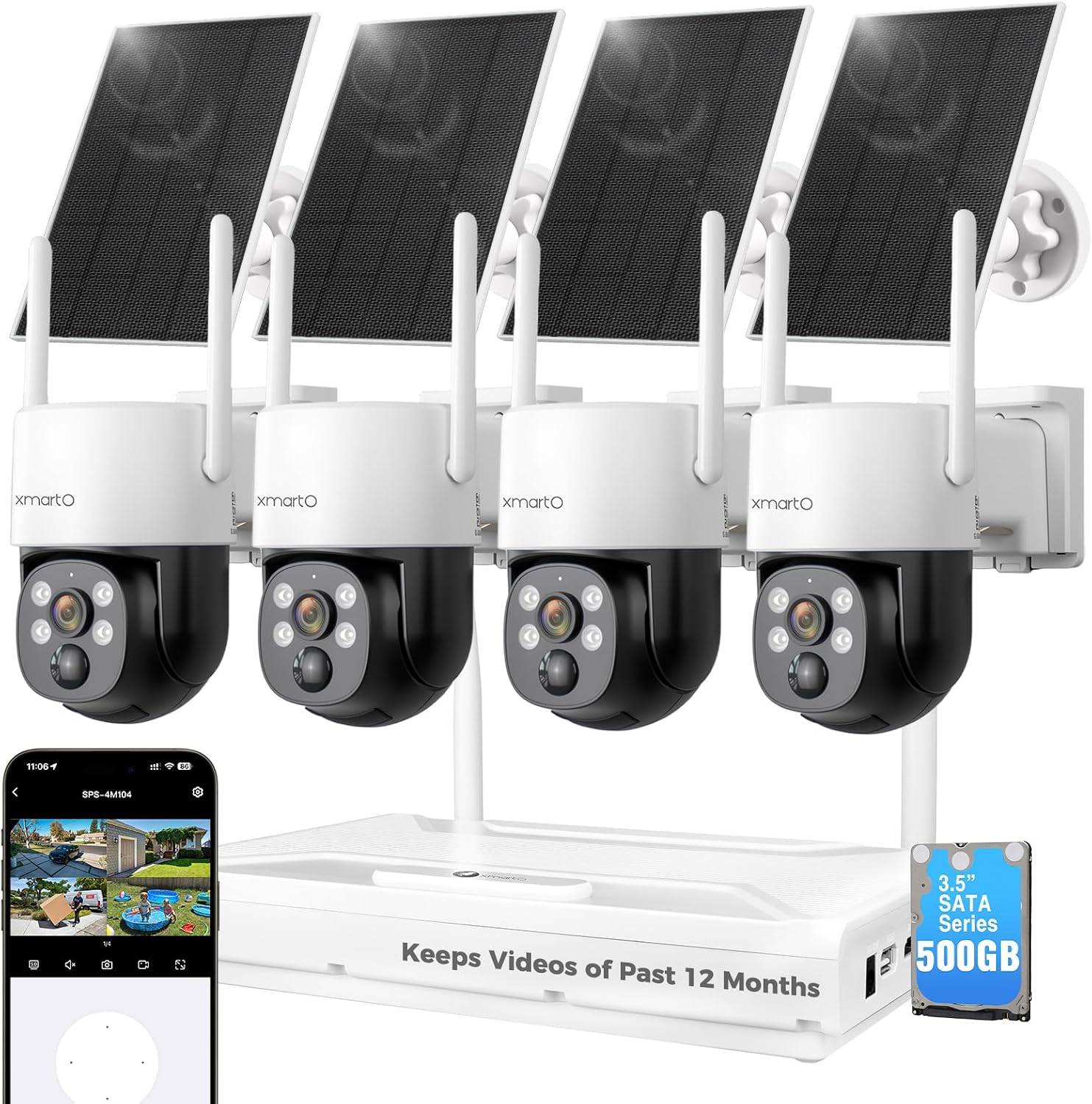 xmartO Solar Camera Outdoor Wireless, 4 PCs QHD 4MP Wireless PTZ Security Camera System with 4K 10CH Expandable WiFi NVR, All-Weather Solar Charge, Two-Way Audio, PIR Sensor, No Monthly Fee, 500GB