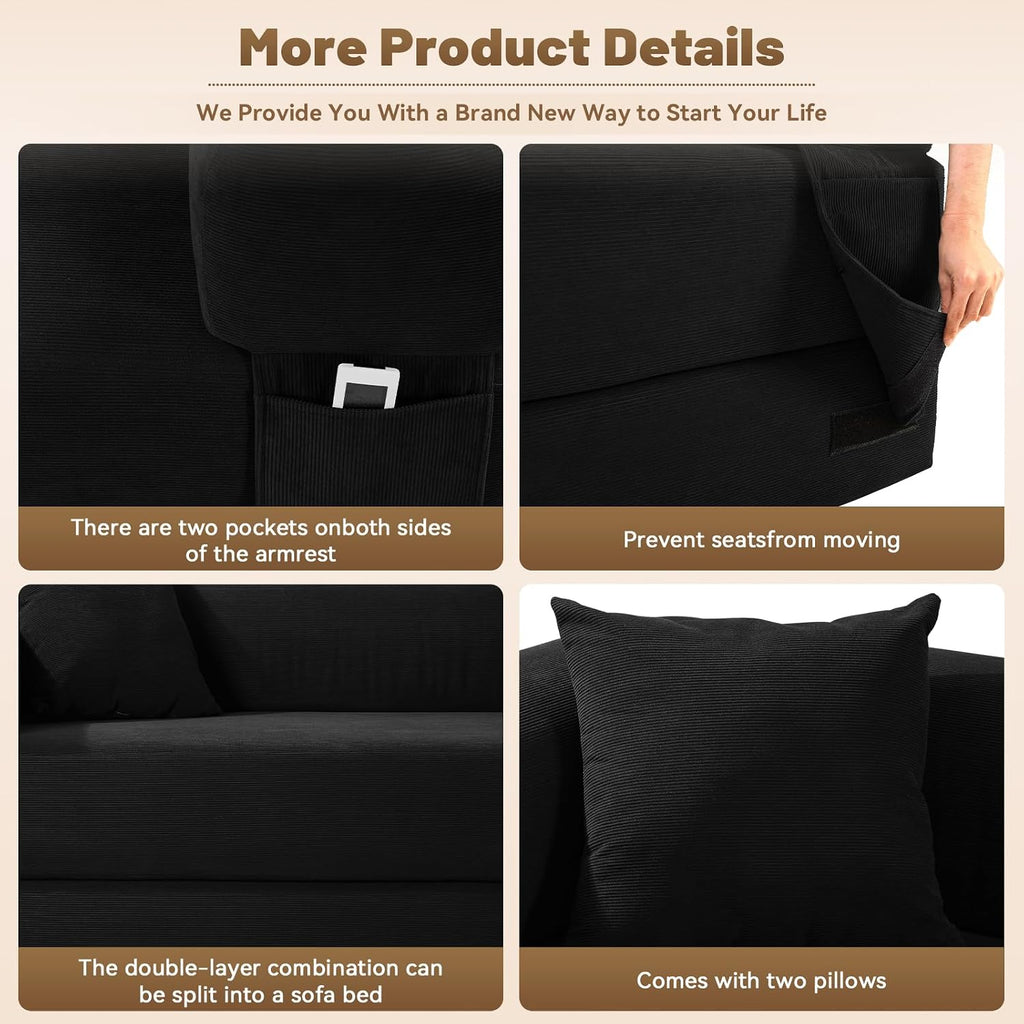 Convertible Futon Sofa Bed,80' Folding Pull Out Couch with Pillows & Storage Pocket (Black, Corduroy-30 W)