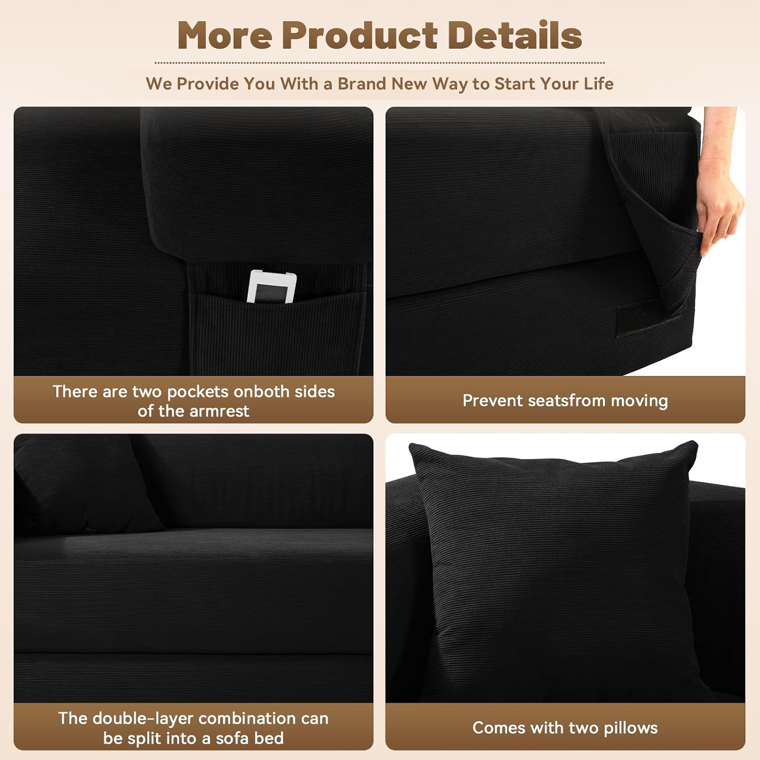 Convertible Futon Sofa Bed,80' Folding Pull Out Couch with Pillows & Storage Pocket (Black, Corduroy-30 W)