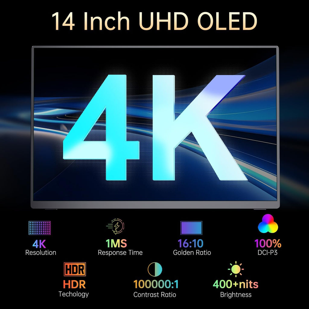 4K Portable Monitor OLED 3840×2400p, 14' Ultra Slim Travel Monitor, 400+ Nits |100% DCI-P3 | 1000000:1 Contrast, HDMI USB C External Screen for Laptop Mabook PC