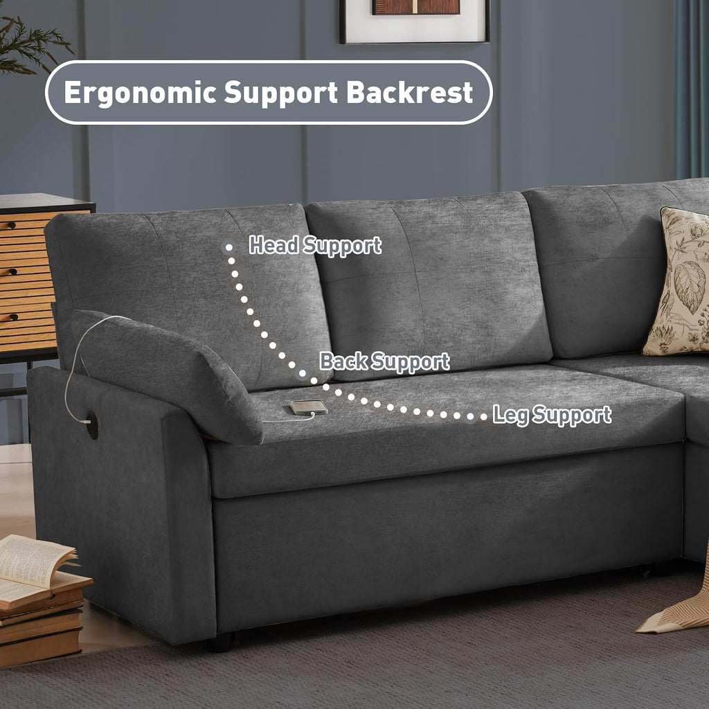 Waxberry 85' L Shaped Sectional Sofa Couch, Pull Out Couch Sleeper Sofa Bed for Living Room, Modular Chenille Deep Seat Sofa, Reversible Chaise, Storage, Side Pockets & USB/Type-C Ports, Dark Gray