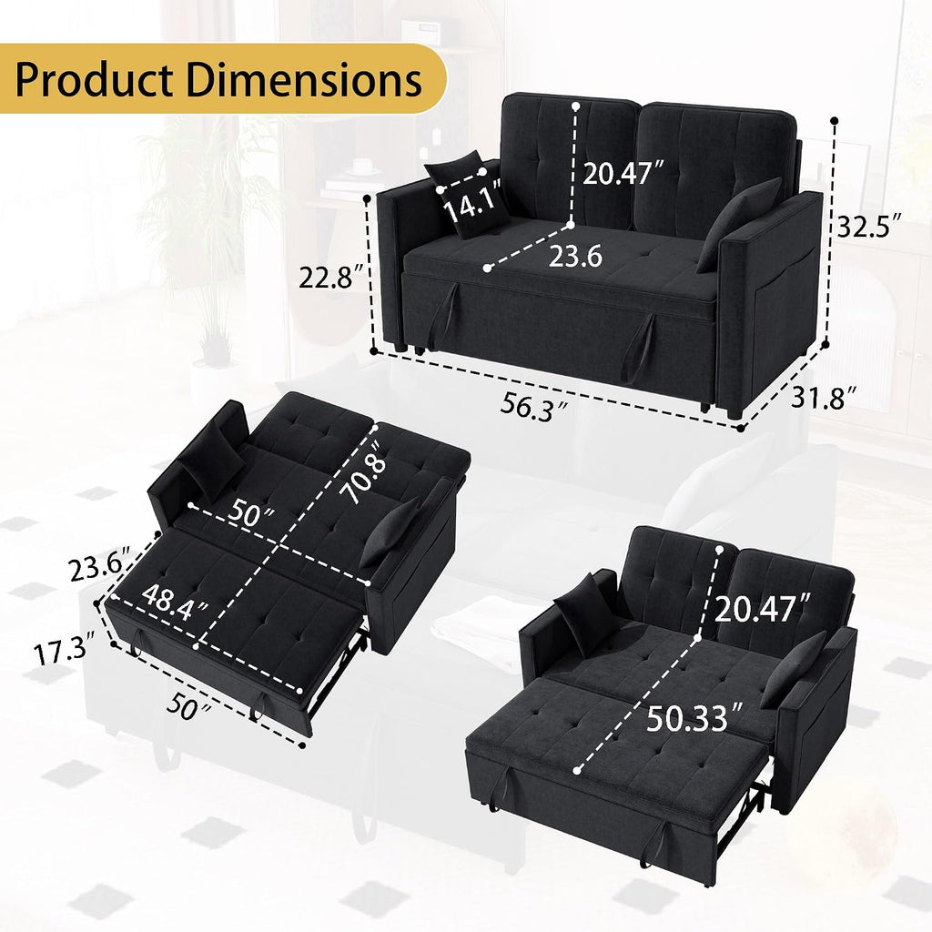 Black Convertible Sofa Bed: 3 in 1 Sleeper Sofa Couch Bed, Pull Out Couch with Adjustable Backrest, Velvet Convertible Loveseat Sleeper, for Living Room