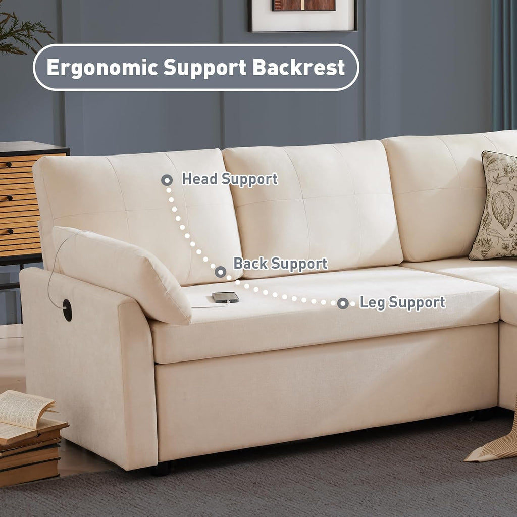Waxberry 85' L Shaped Sectional Sofa Couch, Pull Out Couch Sleeper Sofa Bed for Living Room, Modular Chenille Deep Seat Sofa, Reversible Chaise, Storage, Side Pockets & Dual USB/Type-C Ports, Beige