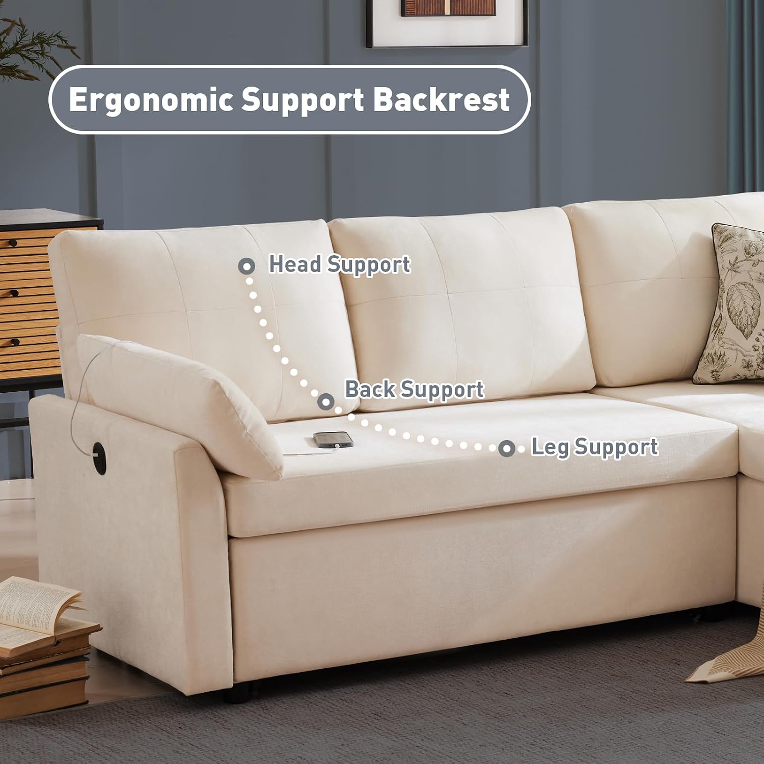 Waxberry 85' L Shaped Sectional Sofa Couch, Pull Out Couch Sleeper Sofa Bed for Living Room, Modular Chenille Deep Seat Sofa, Reversible Chaise, Storage, Side Pockets & Dual USB/Type-C Ports, Beige