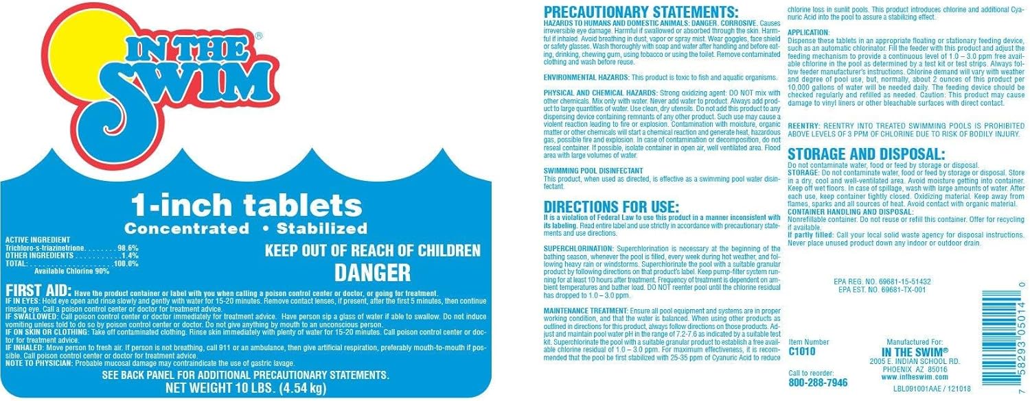 In The Swim 1 Inch Stabilized Chlorine Tablets for Sanitizing Swimming Pools - Fast Dissolving - 90% Available Chlorine - Tri-Chlor - 25 Pounds