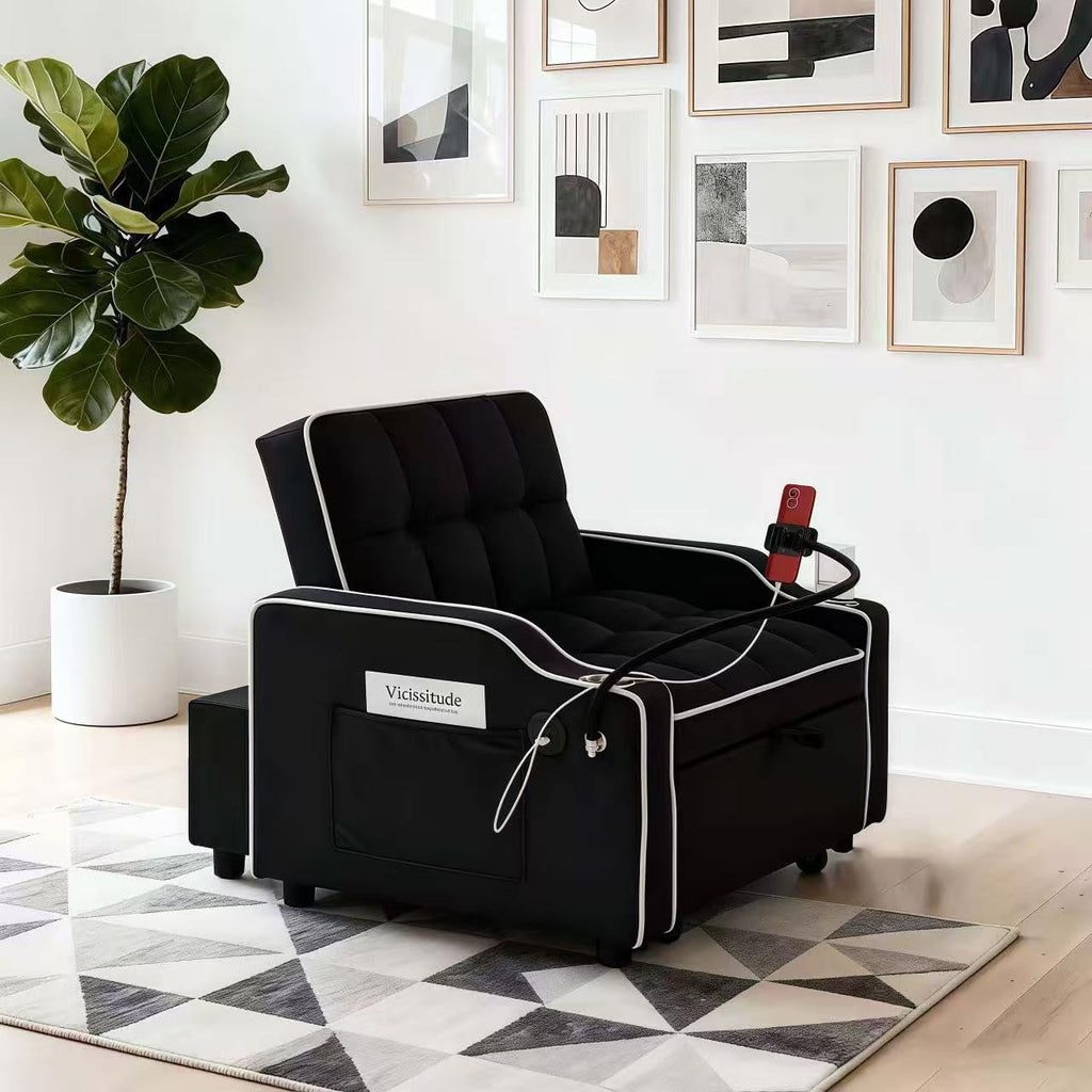 Convertible Armchair Sofa Bed with USB Port & Phone Holder, Pull-Out Single Chair Bed Sleeper for Small Spaces, Modern Upholstered Recliner Chair (Black)