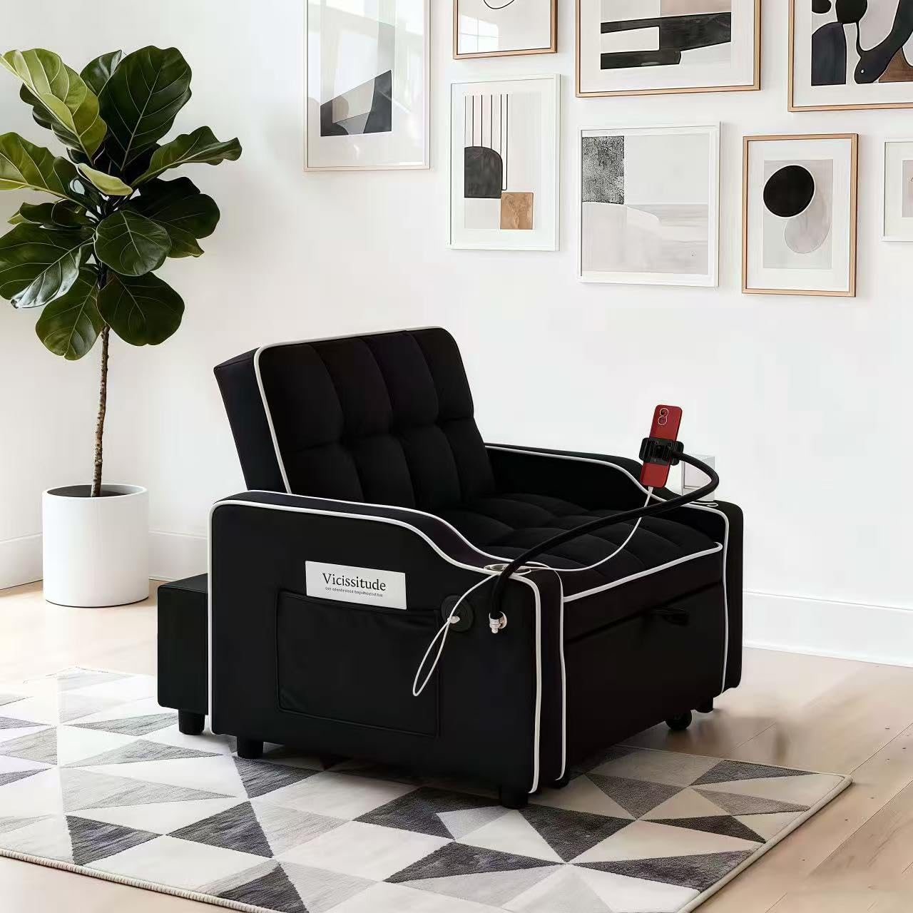 Convertible Armchair Sofa Bed with USB Port & Phone Holder, Pull-Out Single Chair Bed Sleeper for Small Spaces, Modern Upholstered Recliner Chair (Black)