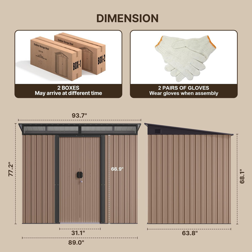 Gizoon 7.4'x5.3' Outdoor Storage Shed Metal Garden Shed with Sliding Lockable Doors, Versatile Tool Bike Shed with Transparent Panel Windows, Outdoor Storage Clearance for Backyard, Patio, Light Brown