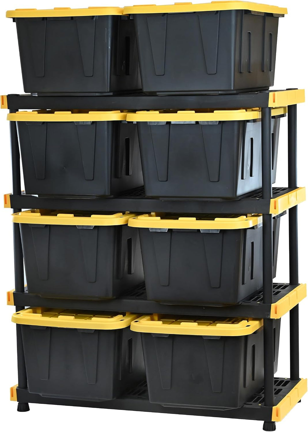 CX Black & Yellow 4-Tier Heavy Duty Storage Shelves and 8 Heavy Duty Storage Bins with Lids, 4 Shelves that Support up to 200lbs/shelf + 27 Gallon Containers (8-Pack), Organization and Storage